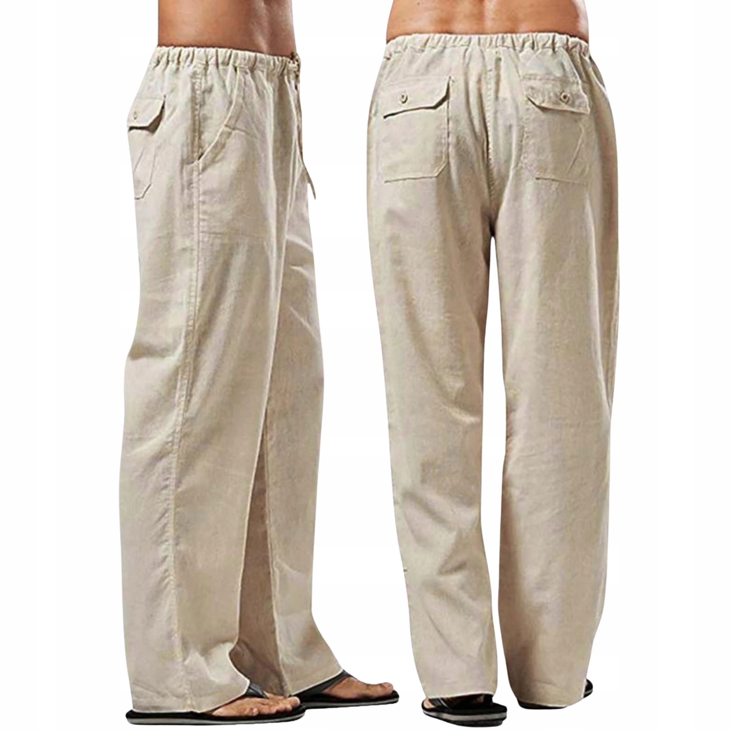 Lniane spodnie męskie proste oddychający materiał stylowe w kolorze khaki