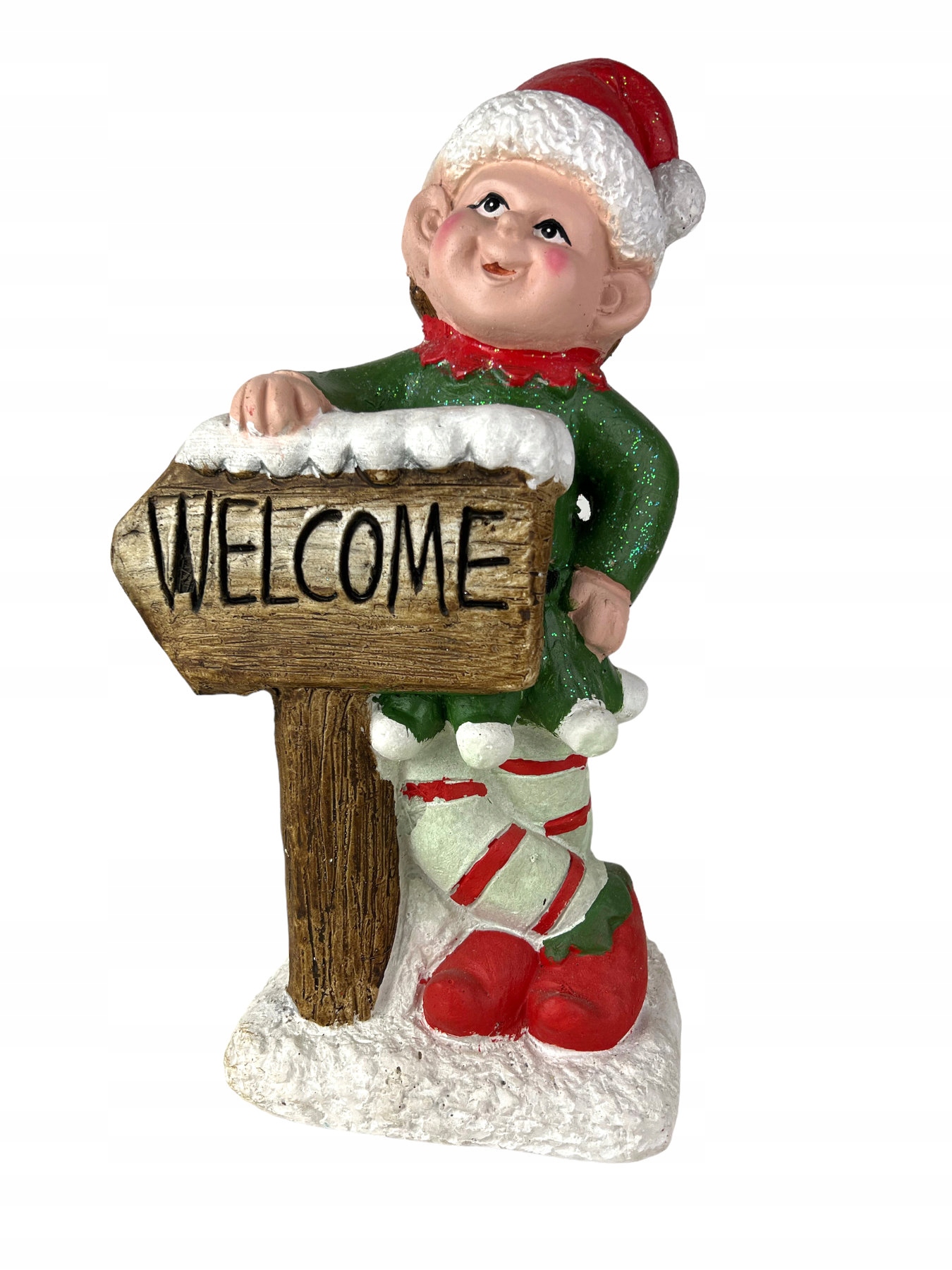 Figurka Elfa z Napisem "Welcome" zielona kurtka - dekoracja świąt
