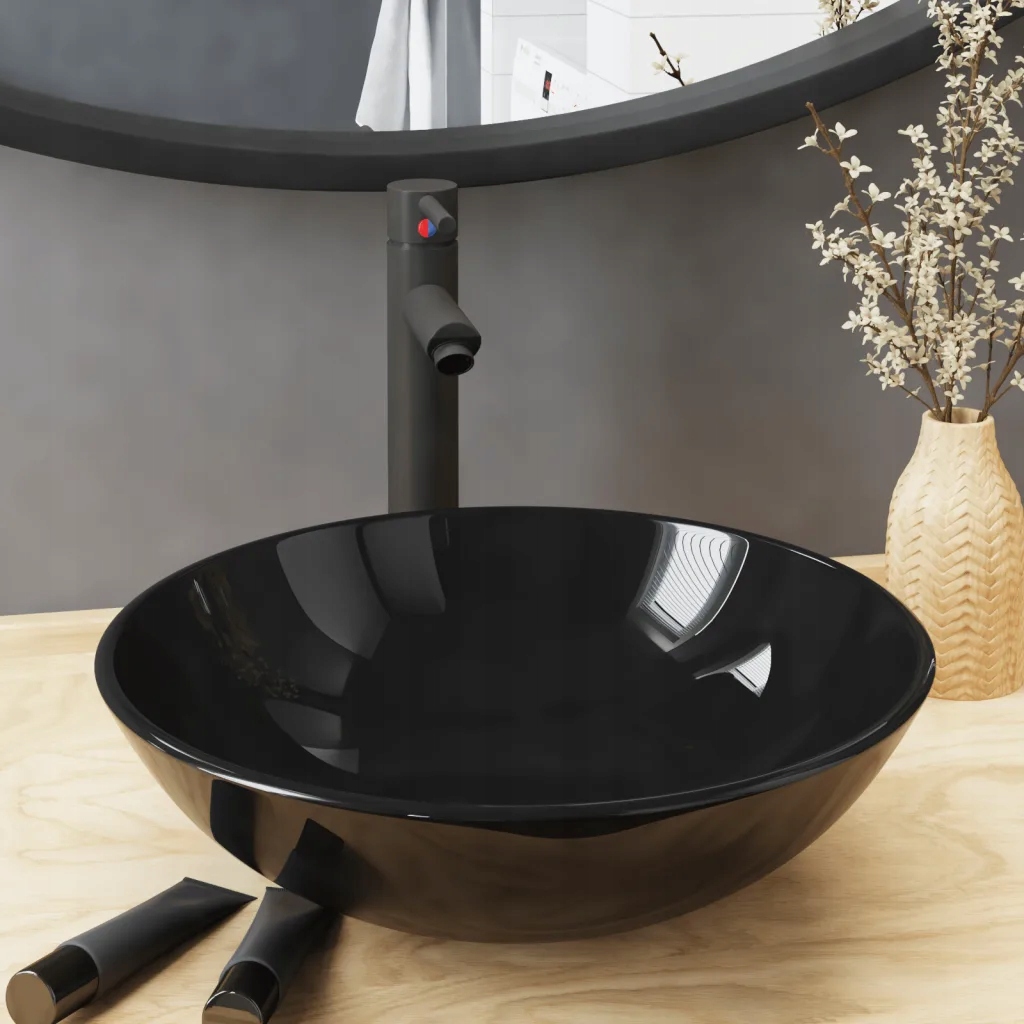 Koupelnové umyvadlo s baterií a výpustí černé tvrzené sklo Černý 3098452