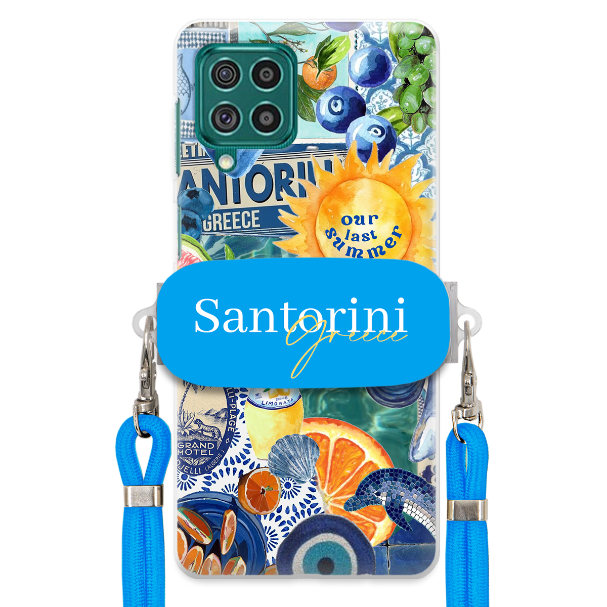 Puzdro pre Samsung F62 Modré Crossbody vodítko držiak Santorini Sea Vibes