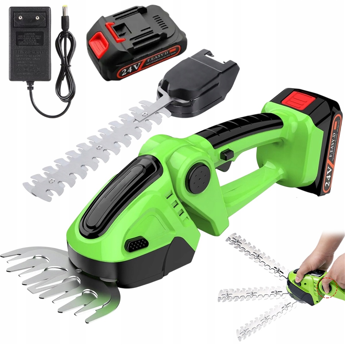 Bezdrátové nůžky na živý plot 1500 mAh s nastavitelným úhlem 90°, zelené