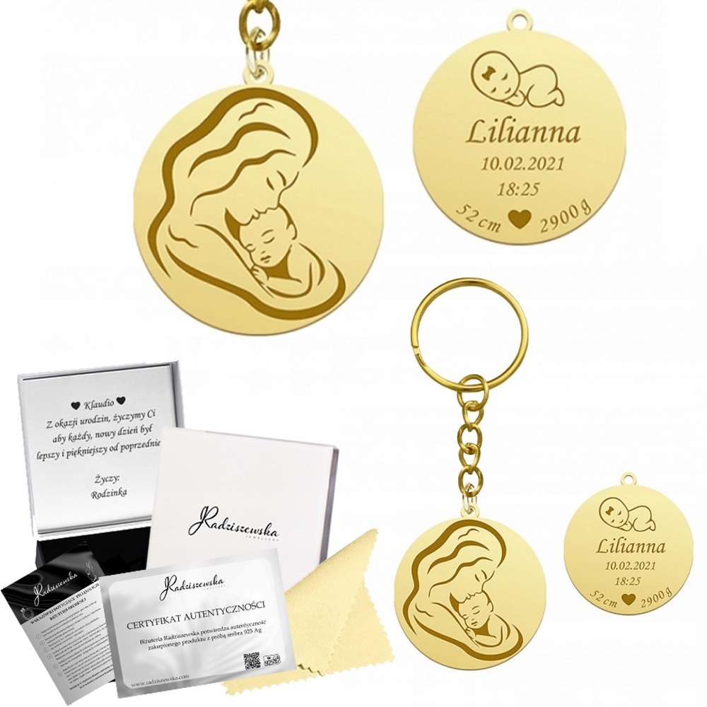Přívěsek Na Klíče na klíče Zlatý Jméno dítěte Metrička Dárek 925 Gravírování Bonus