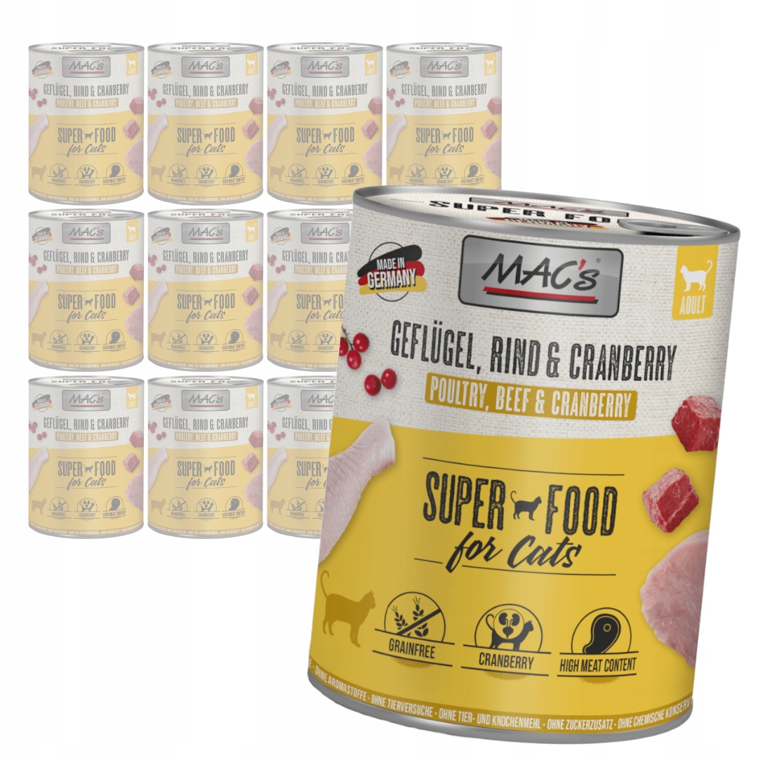 Levně MAC's 12x800g bezobilné mokré Mokré Krmivo Pro Kočky pro kočky s drůbežím masem a Brusinky
