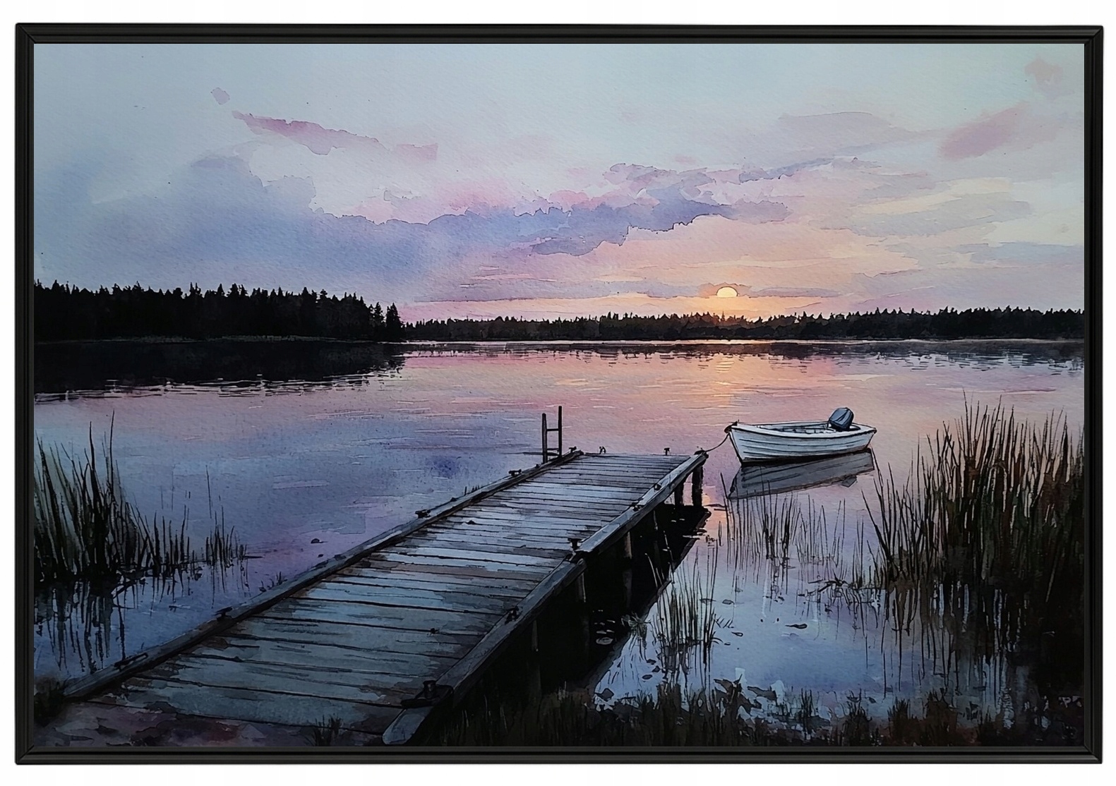 Plakát Rámeček Aluminium Krajina Jezero Přístav Most Loďka Slunce 60x40