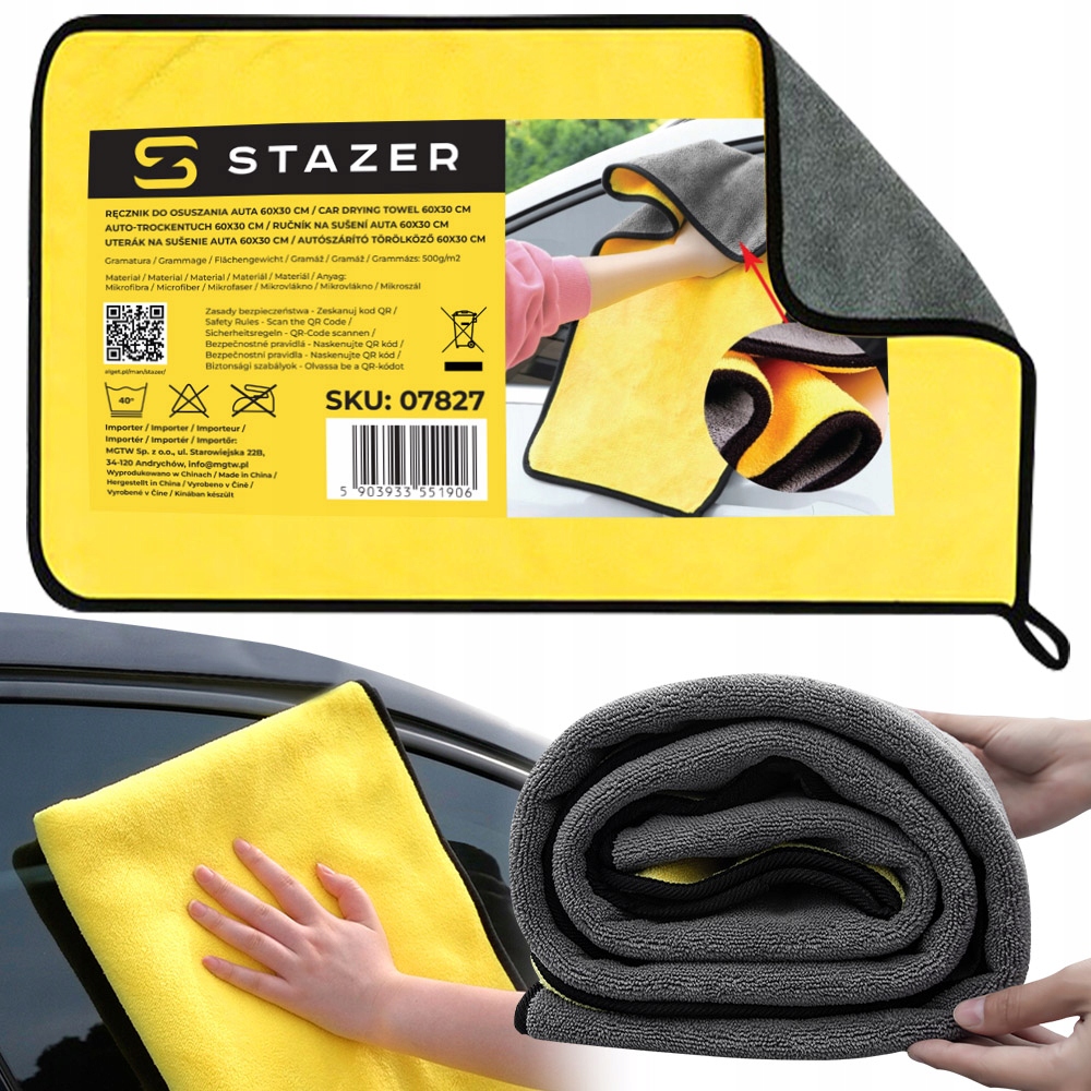 Ręcznik z mikrofibry do osuszania auta samochodu polerowania 90x60 500g/m2