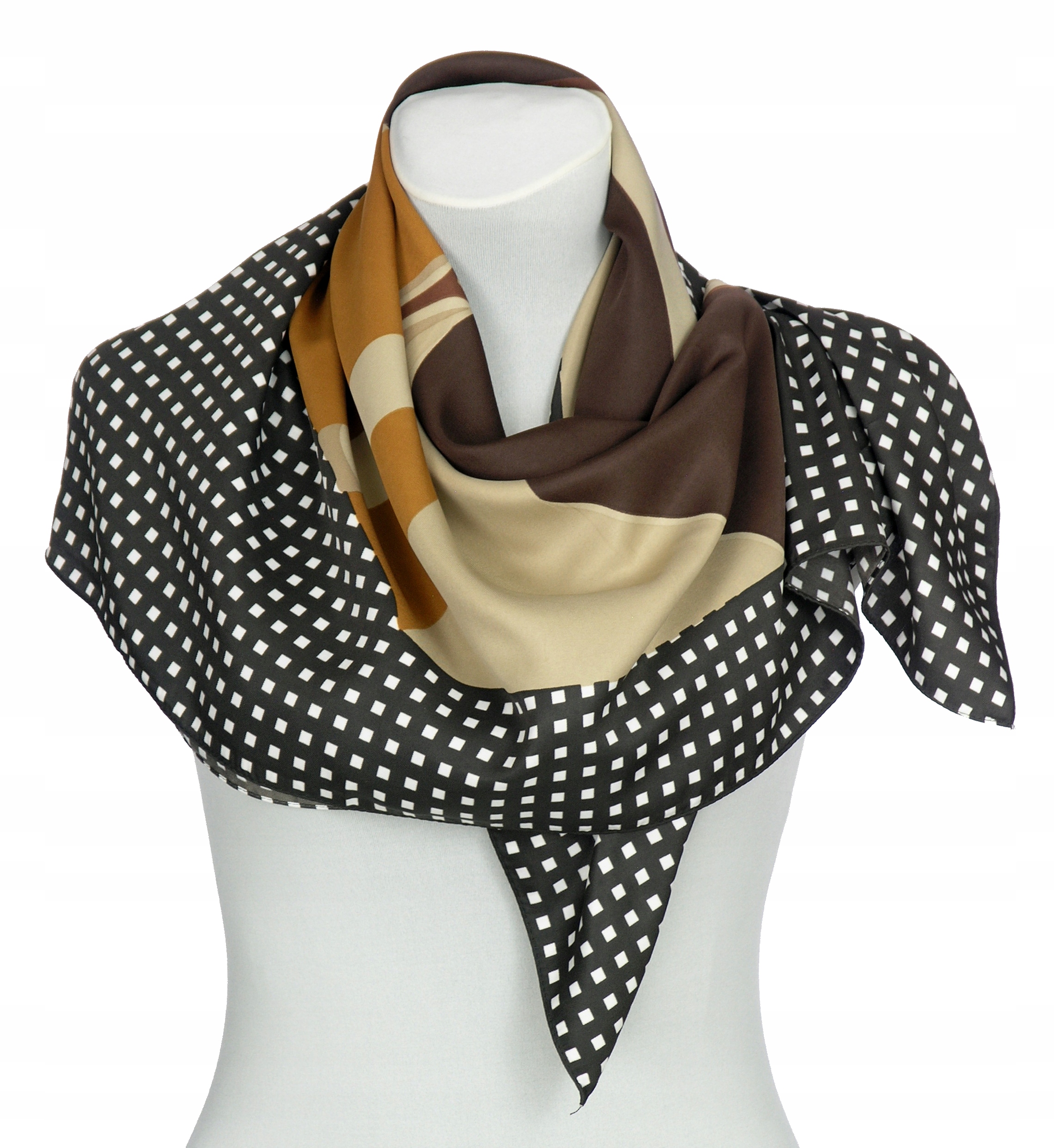 ORYGINALNA SATYNOWA APASZKA ZE ŚRODKIEM BEŻ/BRĄZ 90/90 cm Model chusta prostokątna