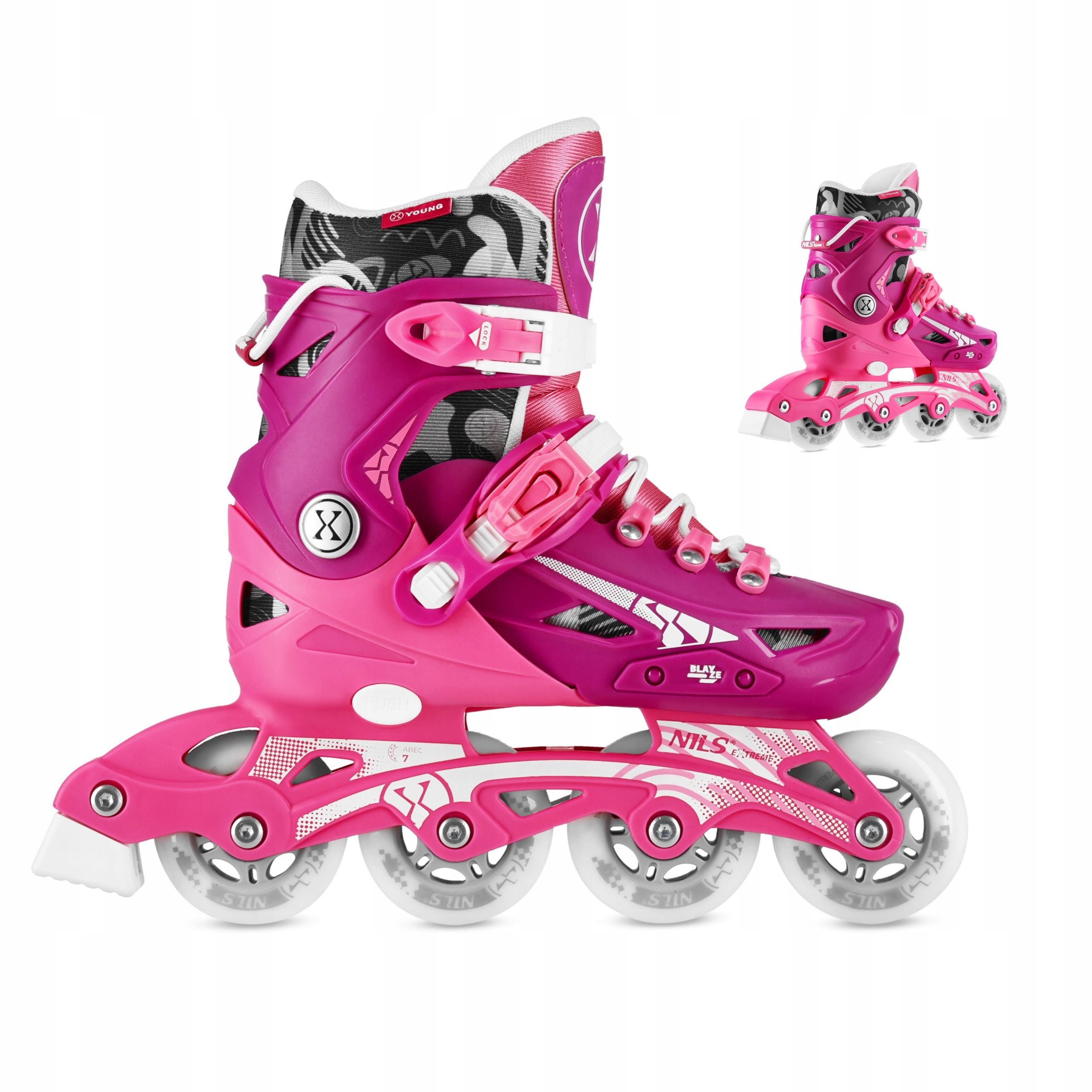 Kolečkové Brusle pro výuku jízdy, nastavitelné, růžové, kaučukové ABEC-7 35-38 Nils Extreme