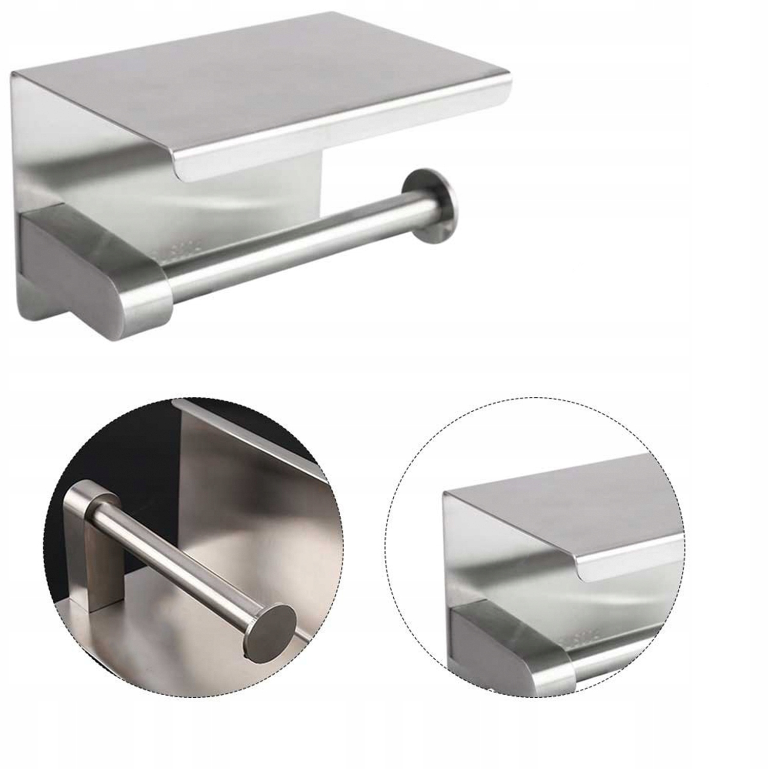 Uchwyt na papier toaletowy Z PÓŁKĄ NA TELEFON loft wc SREBRNY CHROM połysk Kolor chrom odcienie szarości i srebra