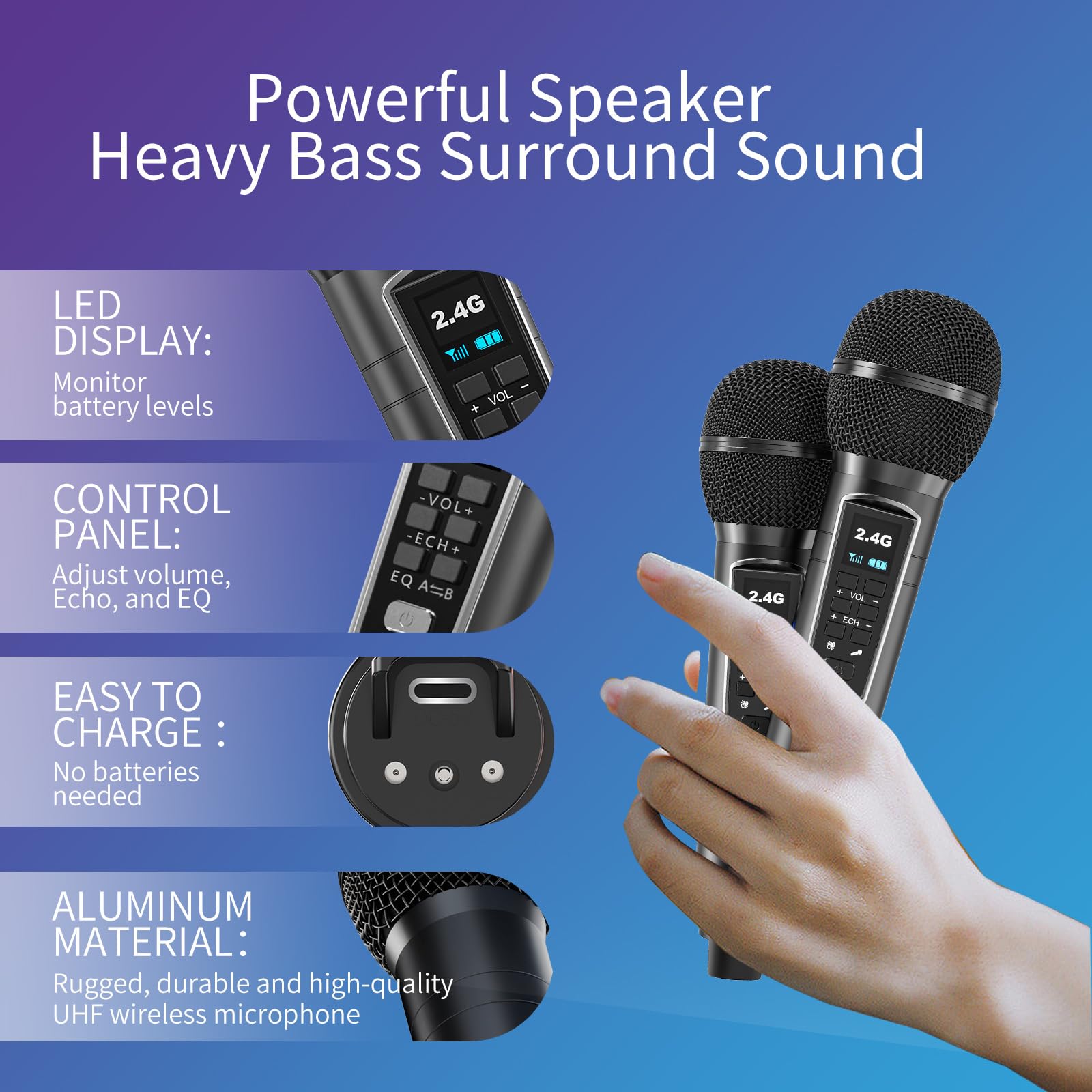 PRZENOŚNE KARAOKE MASZYNA Z GŁOŚNIKIEM BLUETOOTH I 2 MIKROFONAMI — miniatura 4