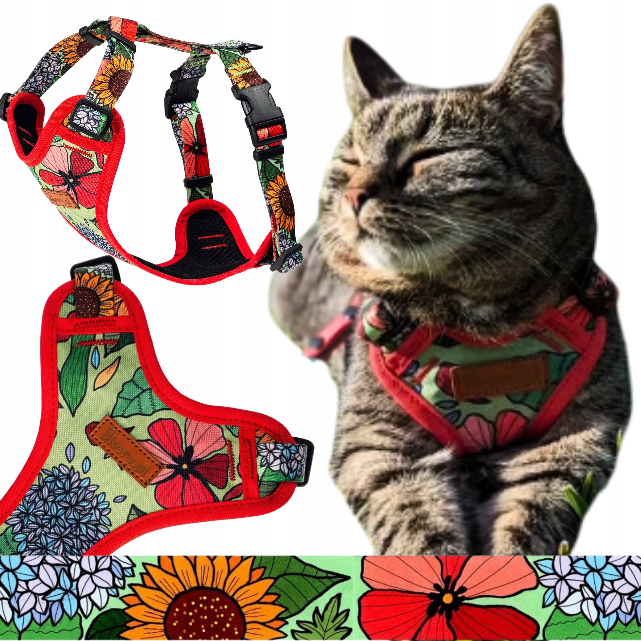 Beztlakové obojky na procházky pro kočku nastavitelné Ukory Květinový vzor