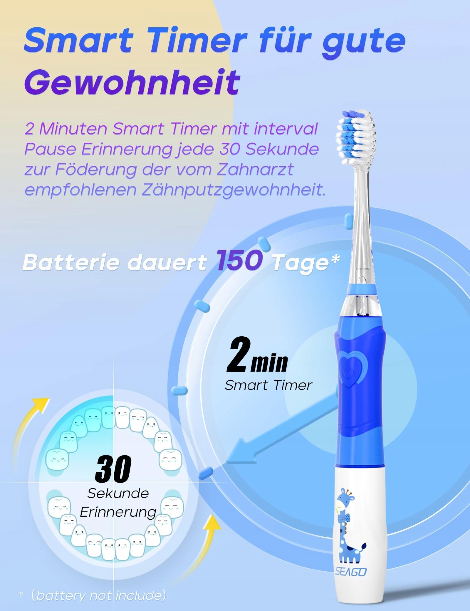 SEAGO Szczoteczka Elektryczna Dla Dzieci 4 Główki LED 4 Tryby Niebieska — miniatura 4