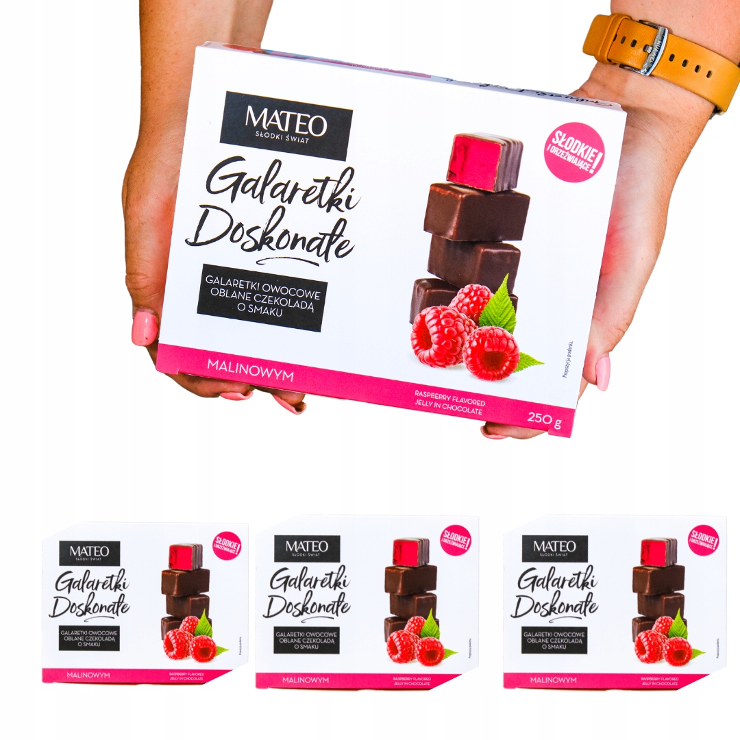 Galaretki malinowe mocno Owocowe w czekoladzie Zestaw 24 X 250 G Mateo