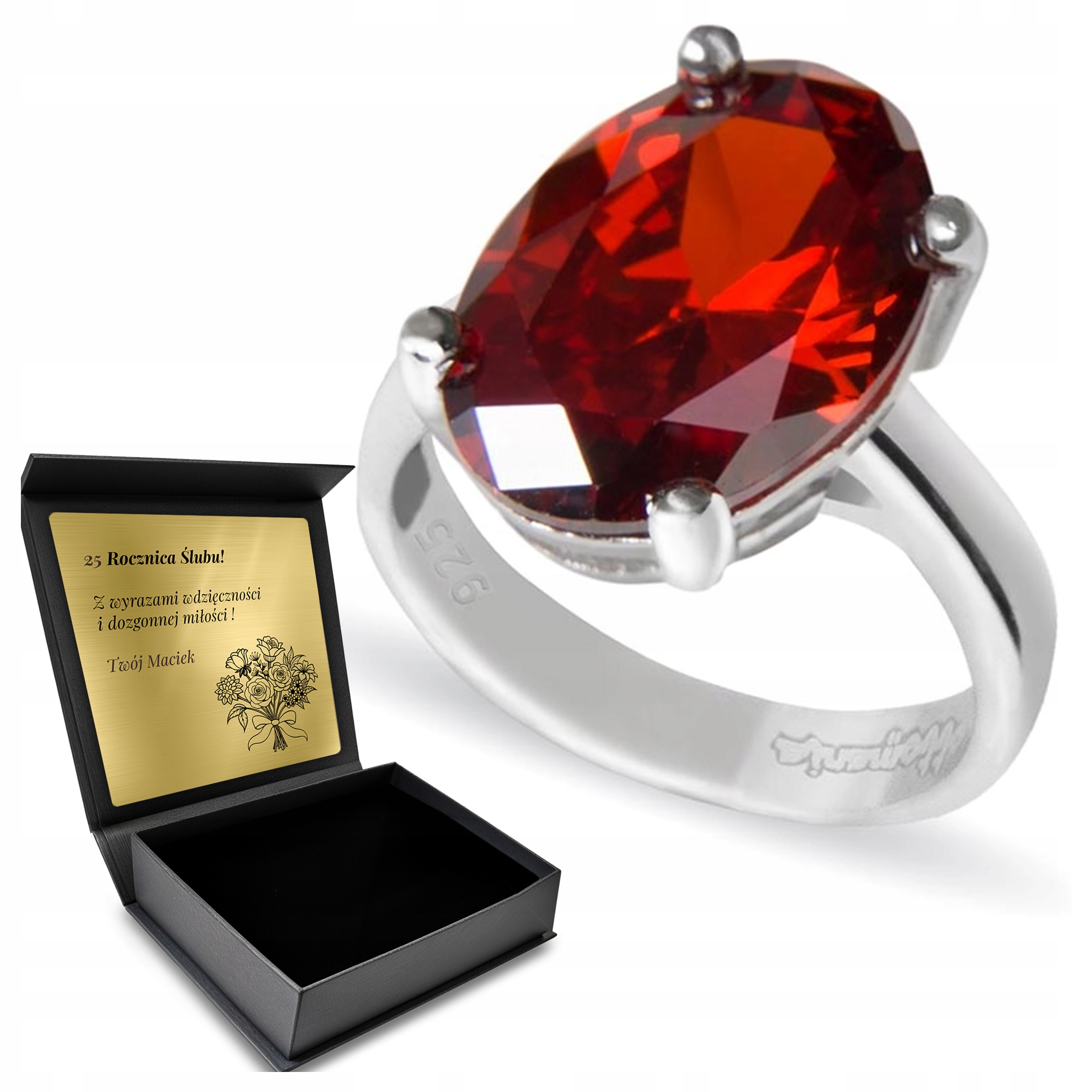 Prstýnek 925 S Granátem Dárek pro ženu Gravírování Bonus