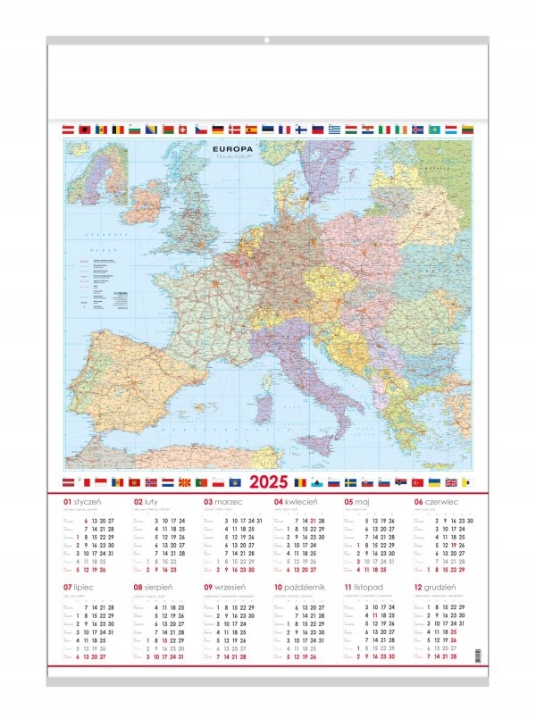 Mapa Europy metr długości kalendarz ścienny lakierowany 2025
