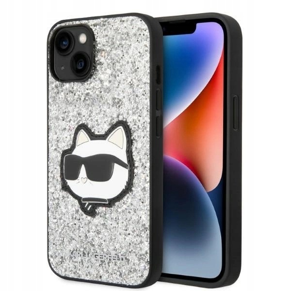 Pouzdro Karl Lagerfeld Glitter Choupette Patch pro iPhone 14 Plus stříbrné