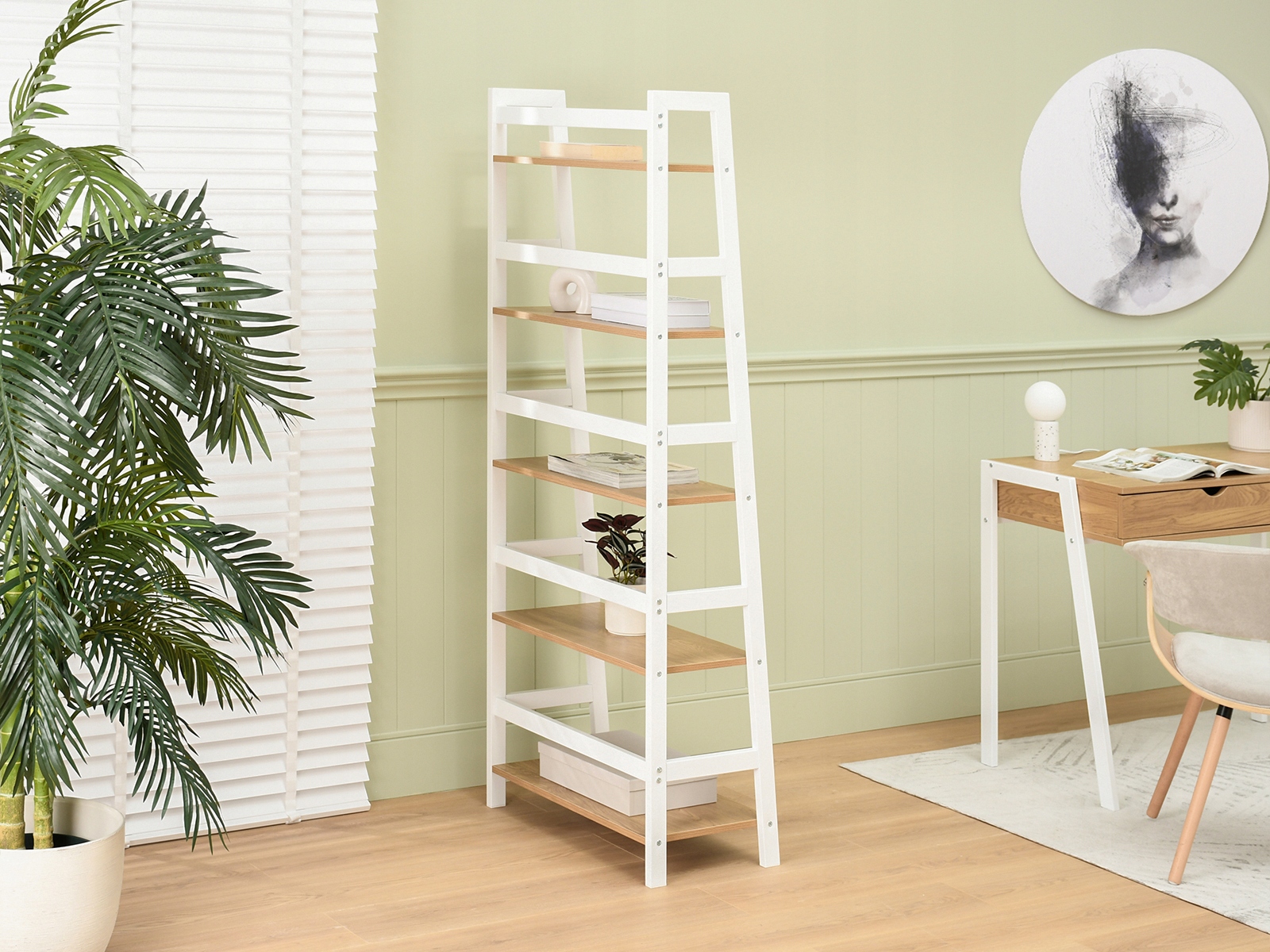 MOCNY STABILNY REGAŁ DRABINA TOWER BIAŁY Z PÓŁKAMI DAB SONOMA DO BIURA DOMU Wysokość mebla 162 cm