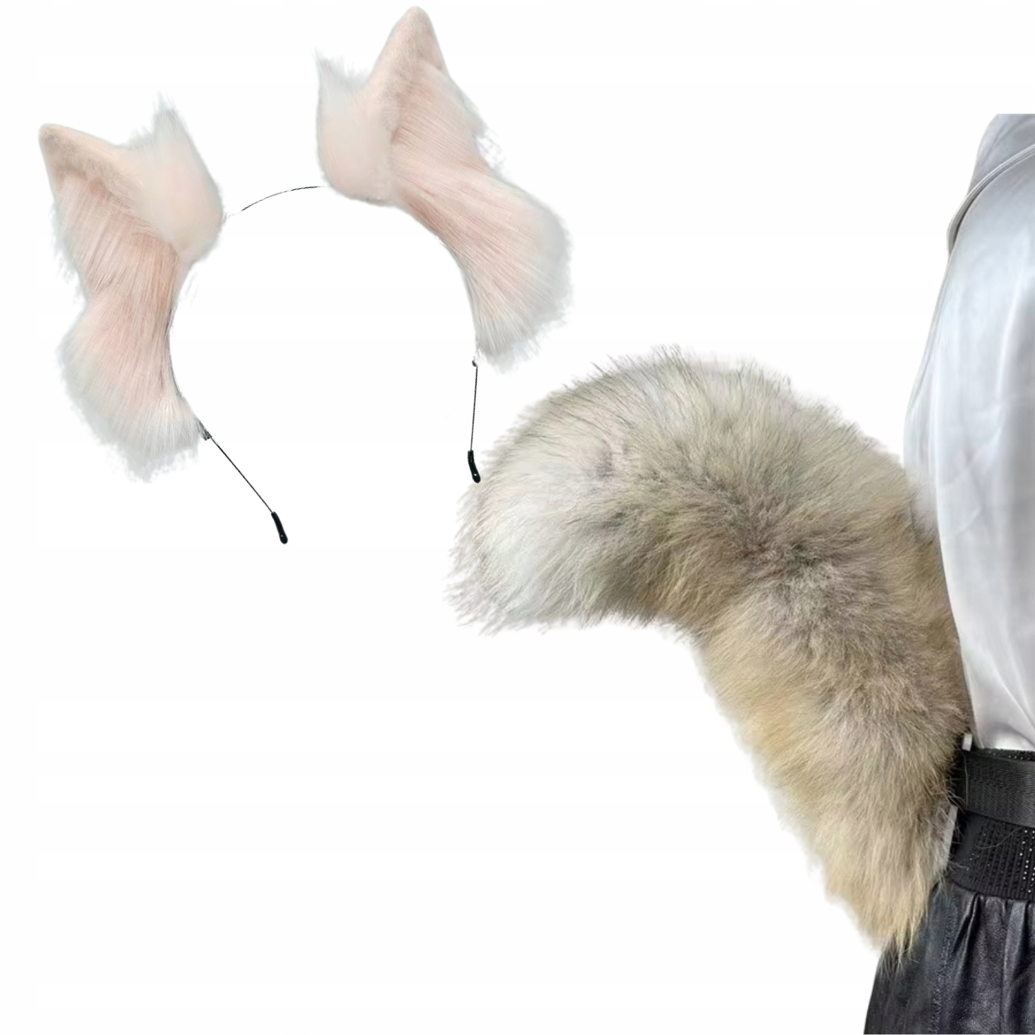 Sada Roztomilých Kostým Kožešinový Ocas Uši Kočka Liška Cosplay Anime Furry Béžová