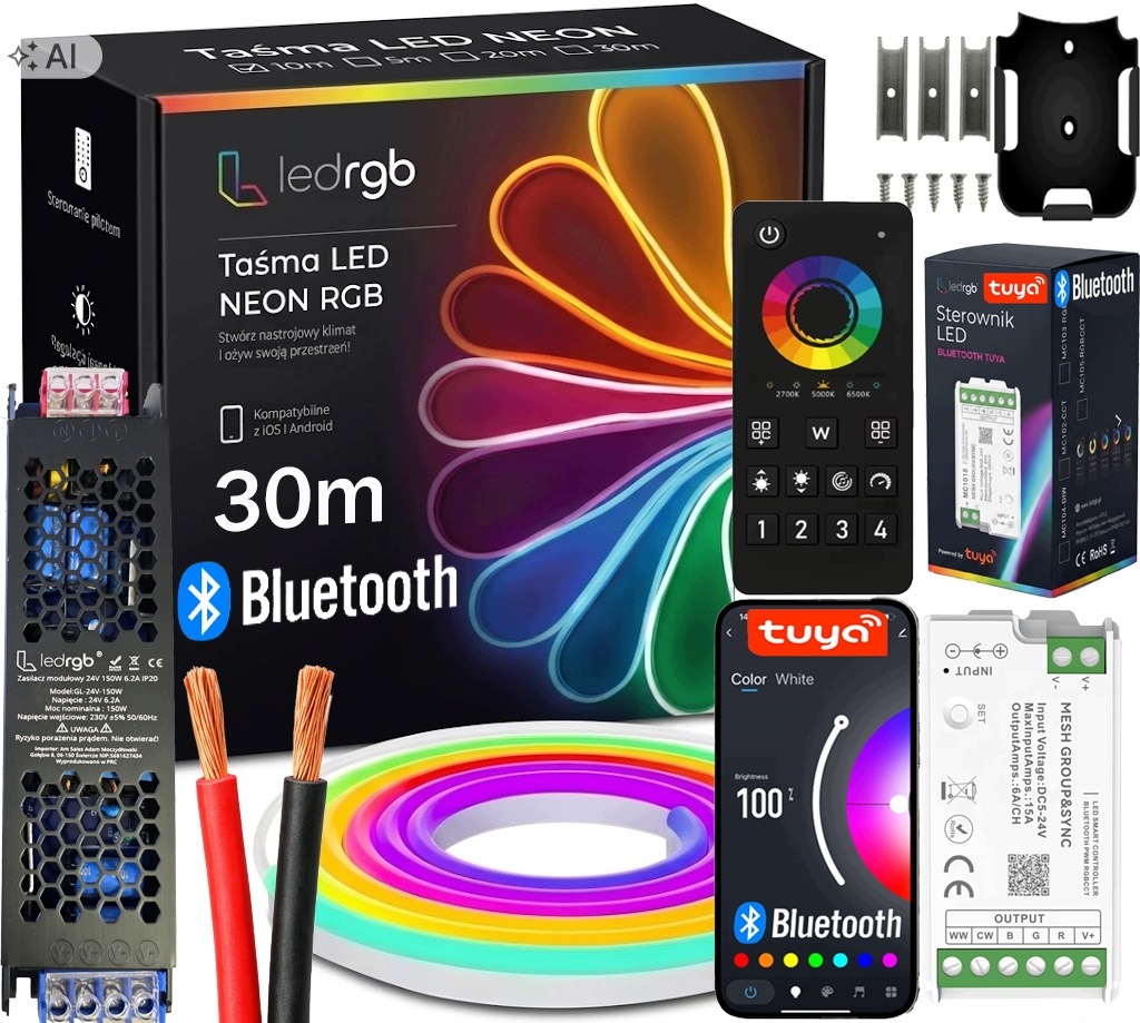 Set Led Pásek Neon 30M Rgb 2x15M Aplikace Bt Tuya Dálkový Ovladač Napájecí Zdroj Montáž