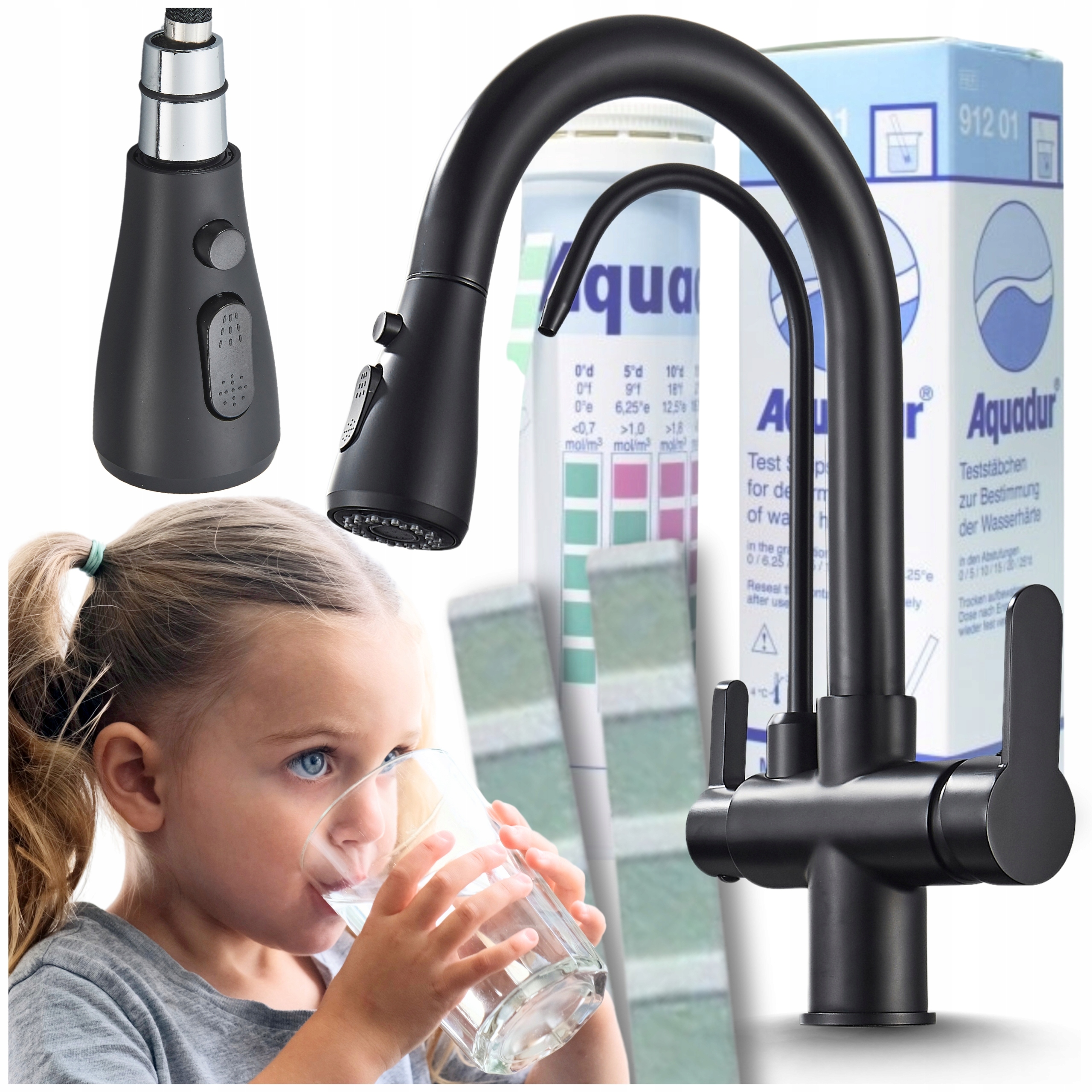 Kuchynská Batéria Vyťahovateľná Flexibilná Trojcestná výtoková nádrž Filtračná voda Čierna