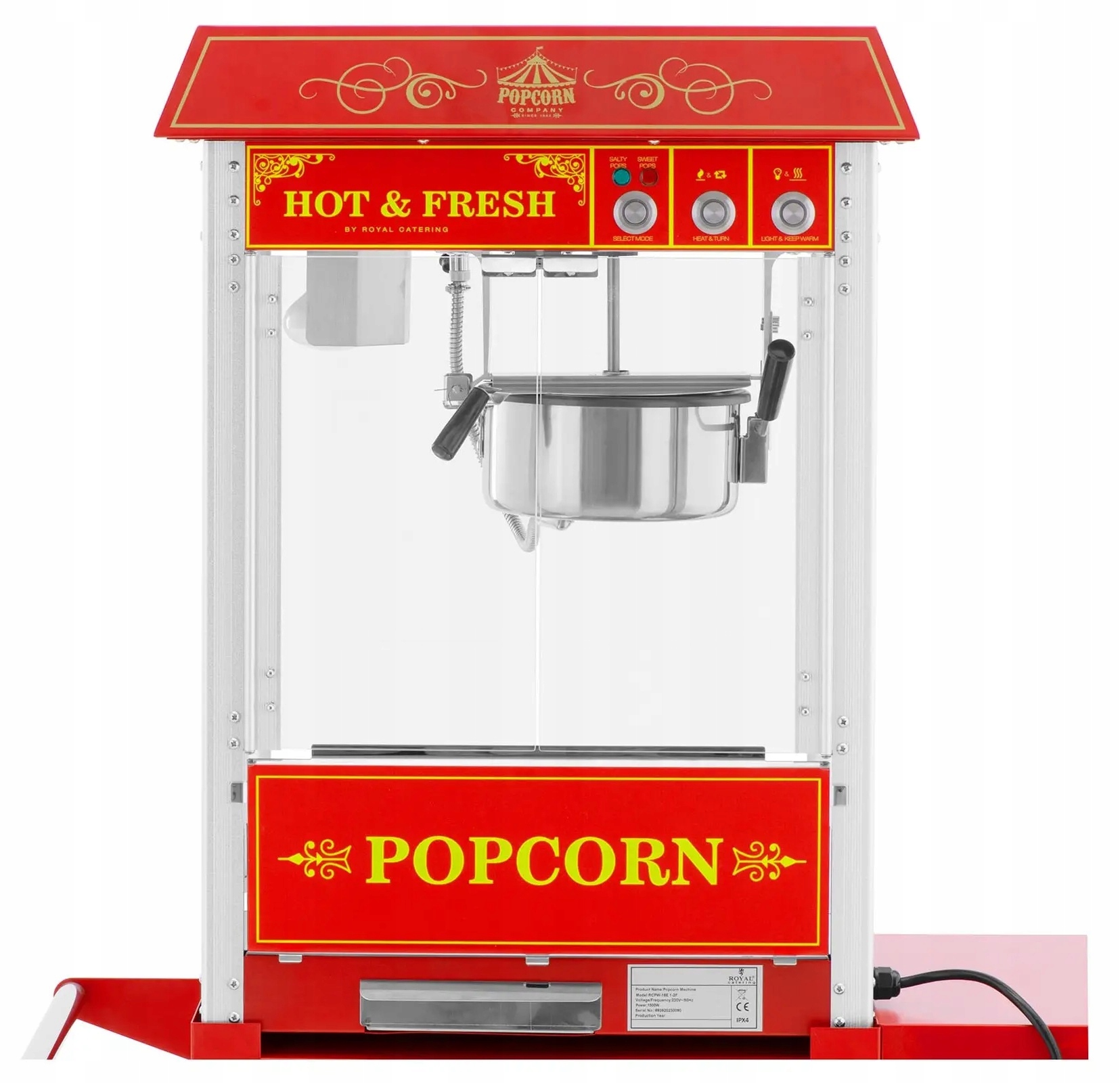 Maszyna do popcornu z wózkiem 1,5 L 1500W Royal Catering RCPW-16E. 10012713