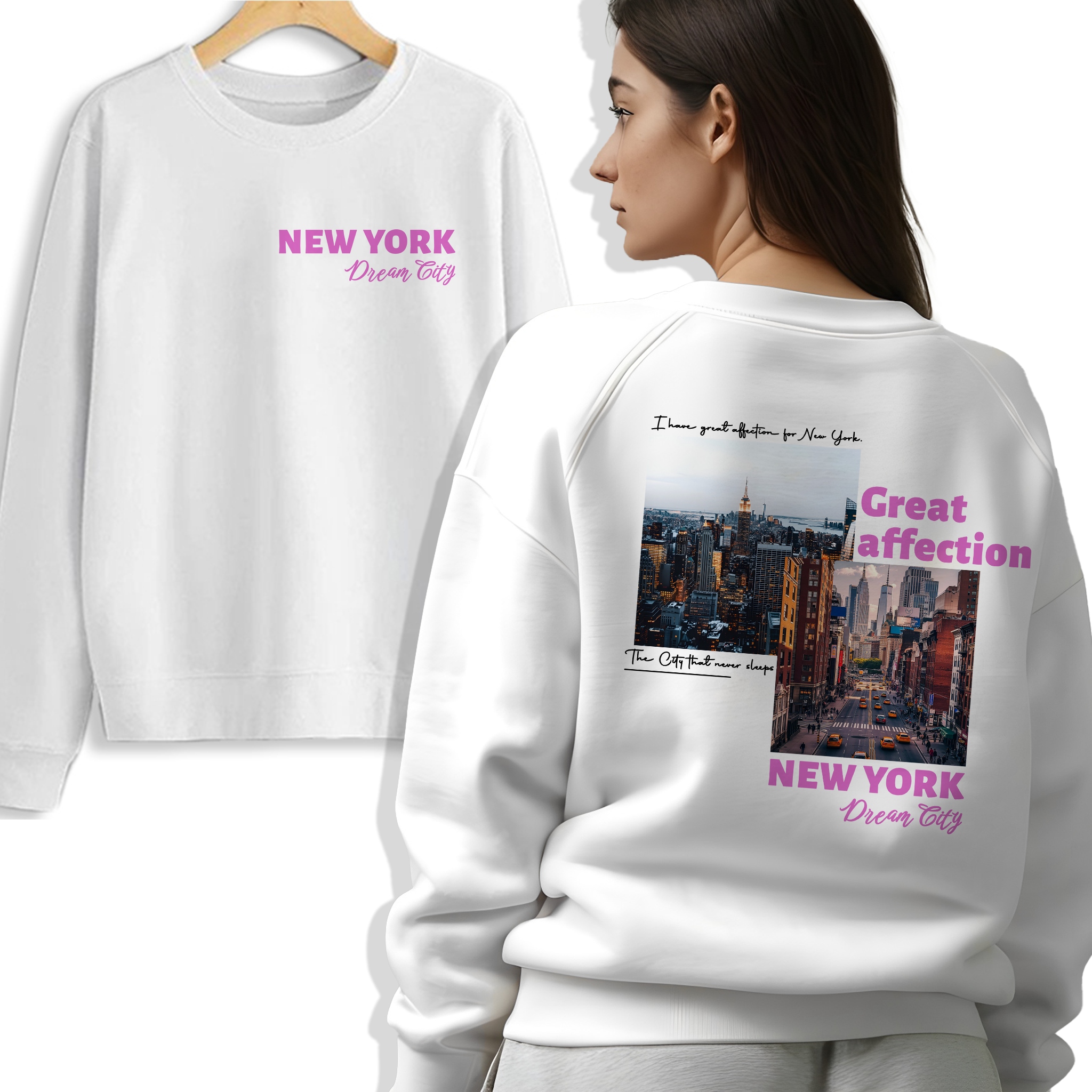 Bílá Mikina New York City Dream City Potisk Přední Zadní Strana Krásná Vel M