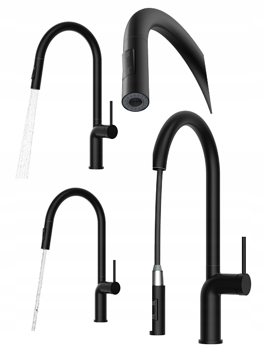 Kuchynská batéria Oxi čierna s výsuvným výtokom, stojan na umývadlo