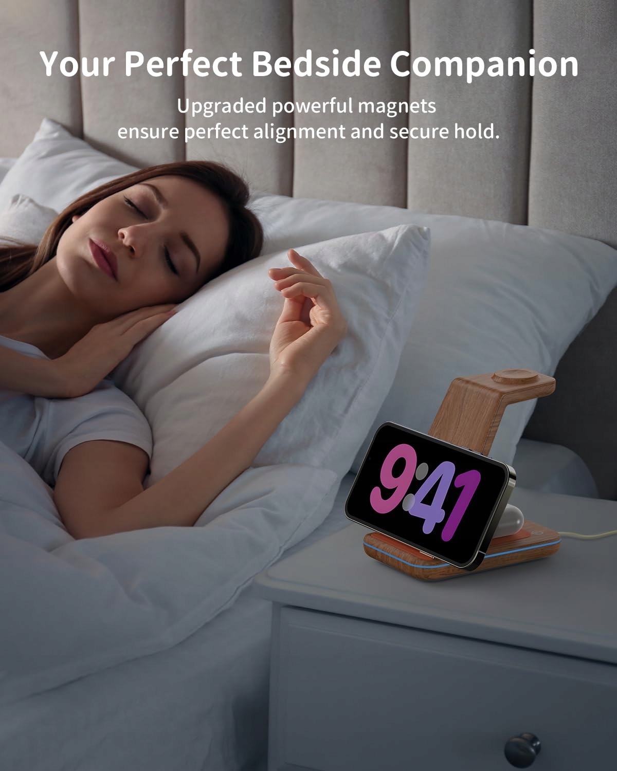 GEEKERA Drewniana Bezprzewodowa Ładowarka 3w1 iPhone Apple Watch AirPods — miniatura 4