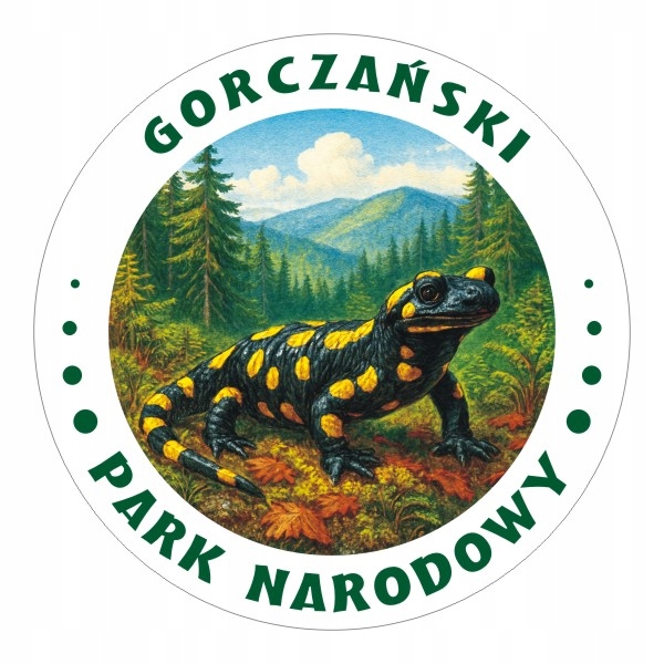 Naklejka 8 cm Gorczański Park Narodowy z Salamandrą