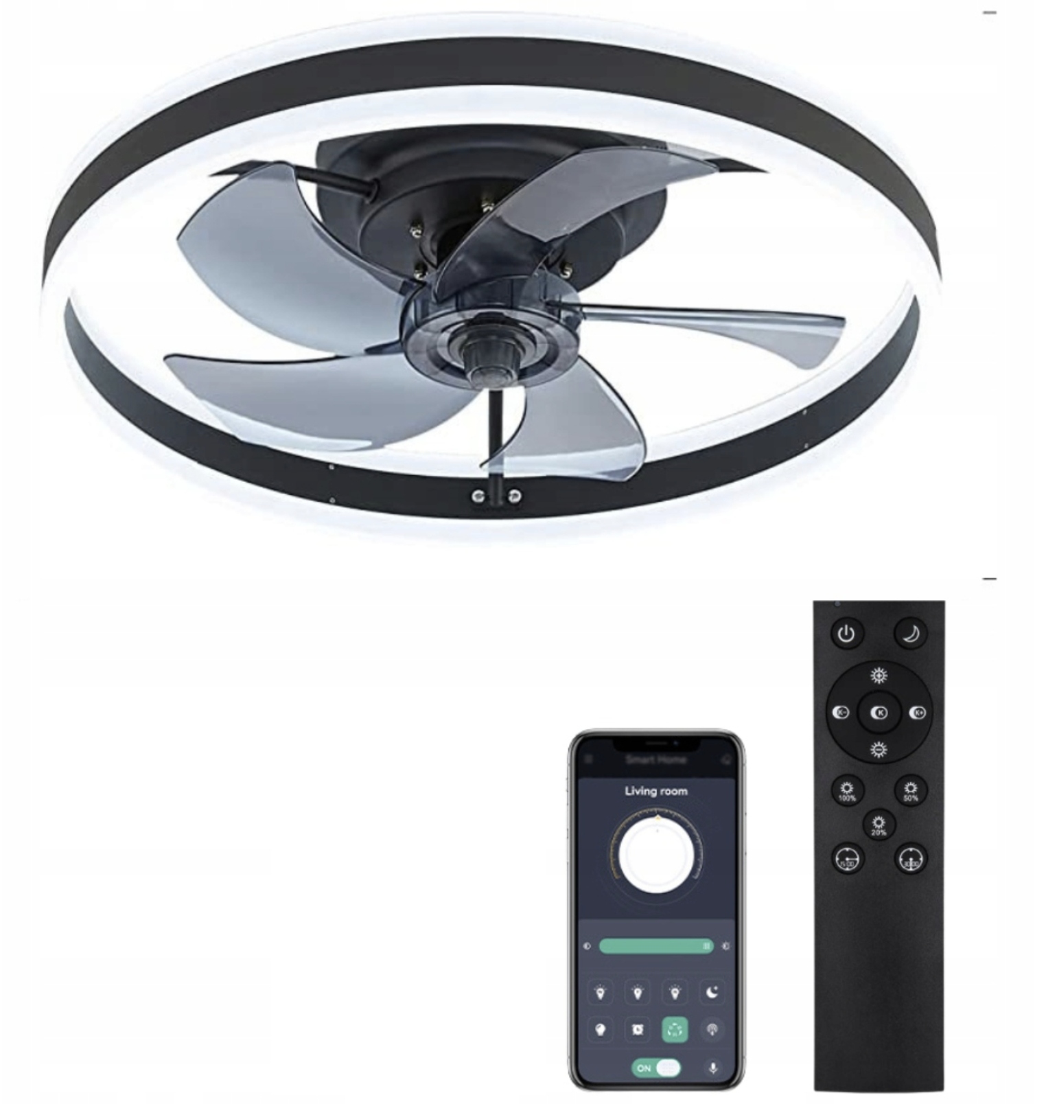 Led Stropní Ventilátor 60W 50CM 4800lm s dálkovým ovládáním a aplikací.