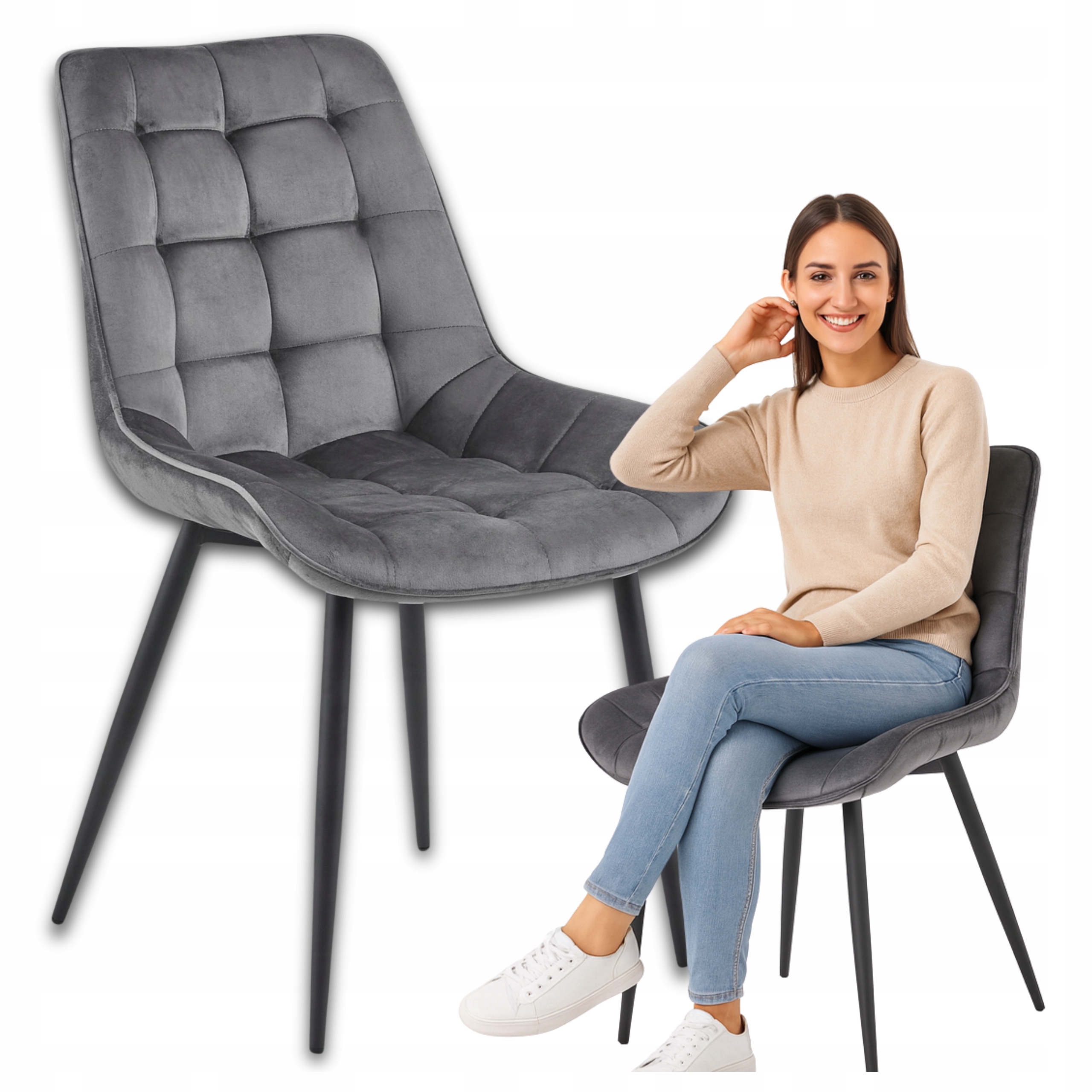 Krzesło Tapicerowane Welurowe Miękkie Wytrzymałe Szare Kuchenne Jadalniane