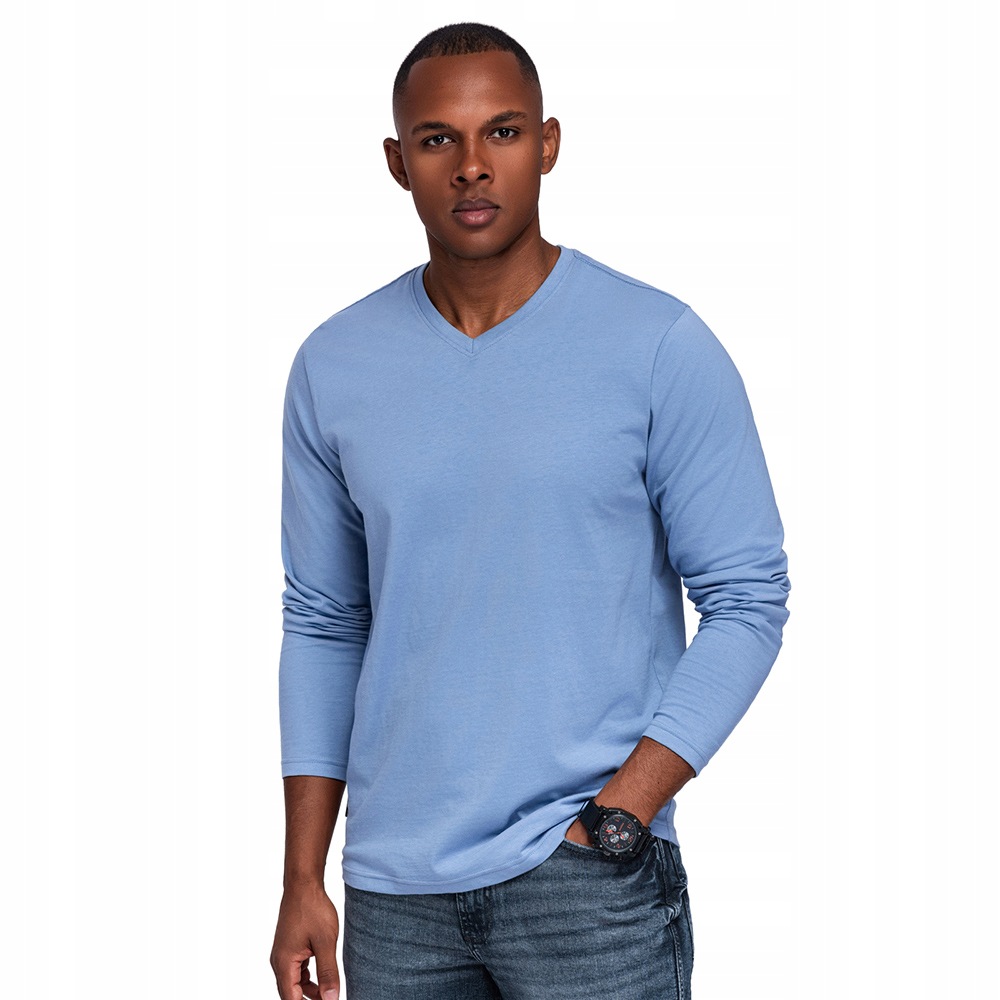 Hladký bavlněný longsleeve Basic světle modrý pohodlný OM-LSBL-0143 S