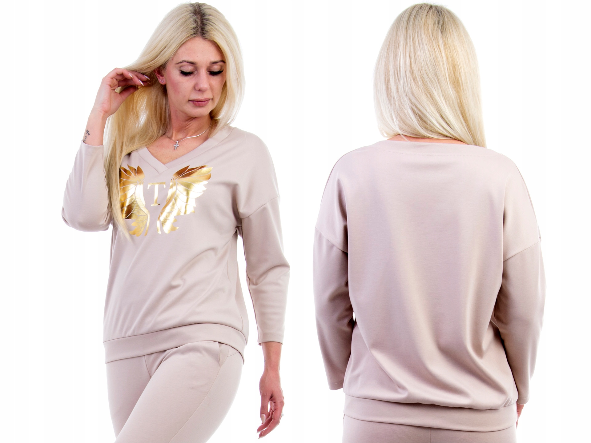 

M190 Bluza Vneck Z Nadrukiem Beżowa r. 36 (s)