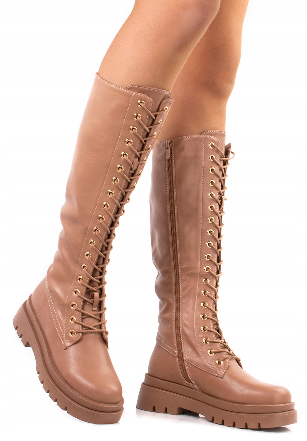 6184 BEŻOWE WYSOKIE BOTKI TRAPERY GLANY 39