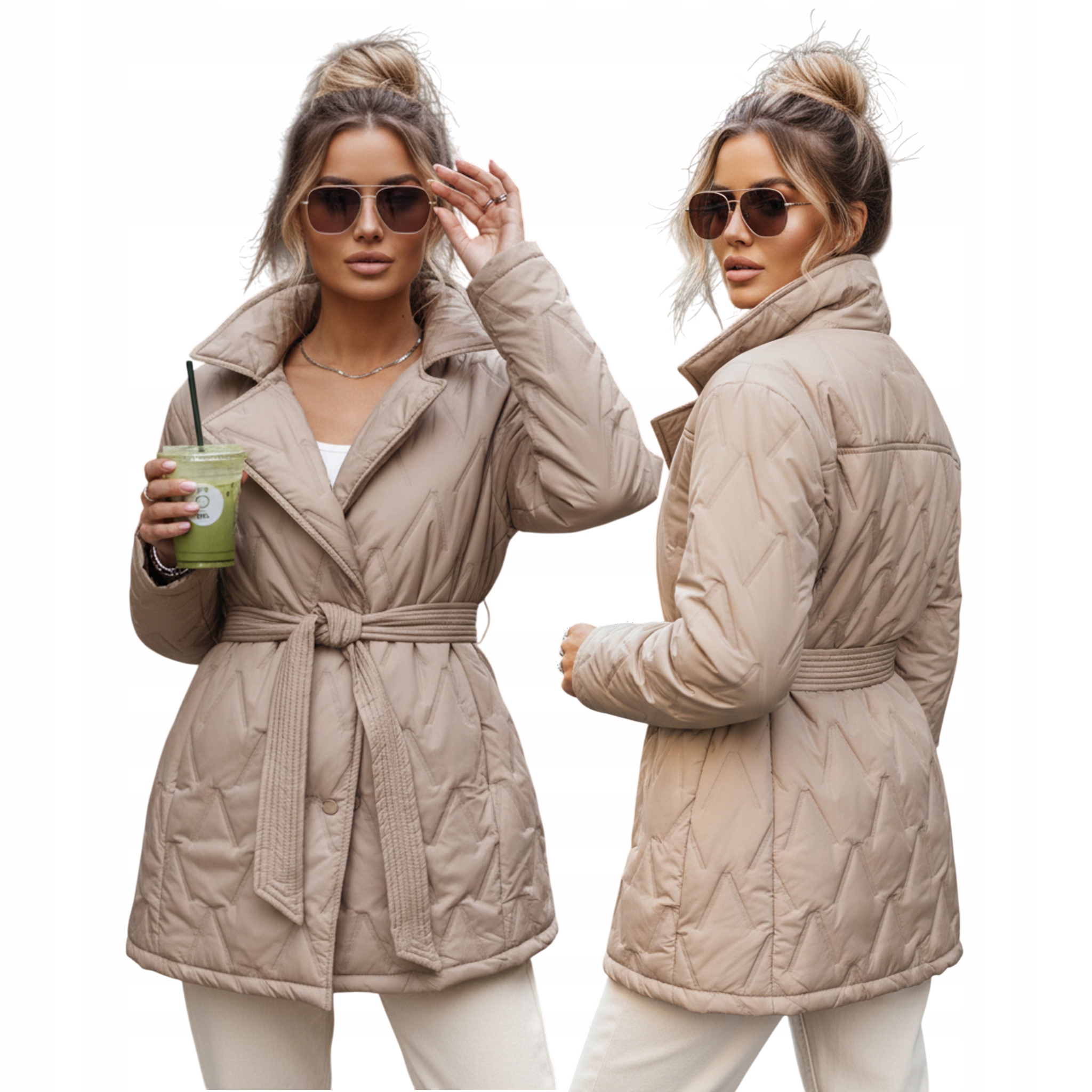 Kurtka damska pikowana przejściowa z paskiem w talii beżowa TY5589 S