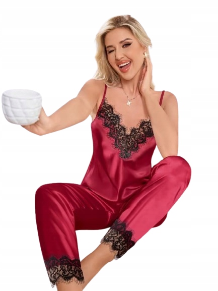 Karmínové Pyžamo Satén Černá Krajka Dlouhé Kalhoty Saténové Pyžamo M
