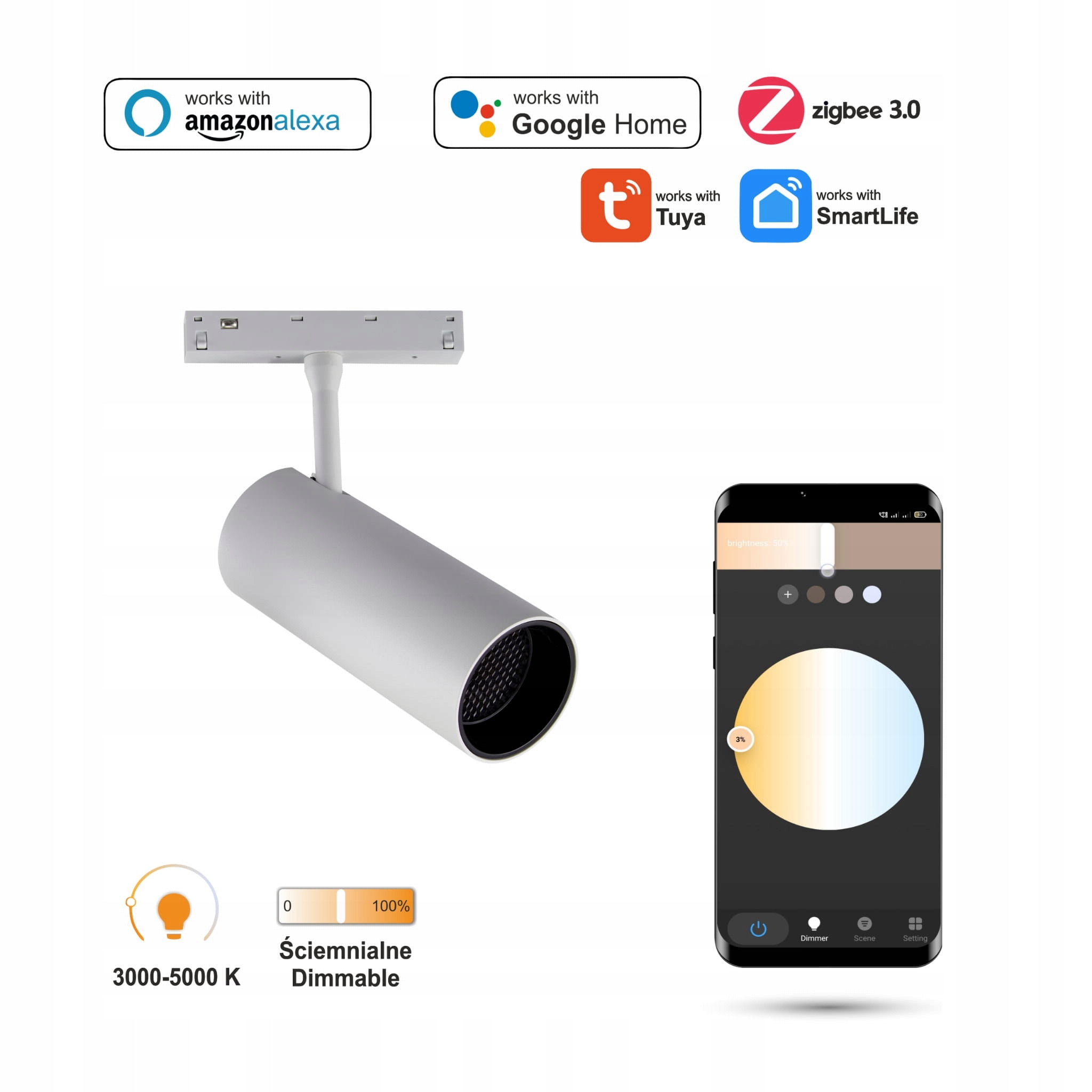 Biely Led reflektor WiFi Zigbee Track 10W Smart Track 48VDC 2700-6500K