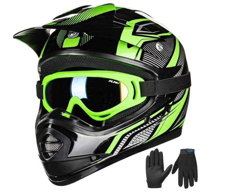 Kask motocyklowy, ILM Kids dla dzieci, Zielono-czarny, r.51-52cm Rozmiar S