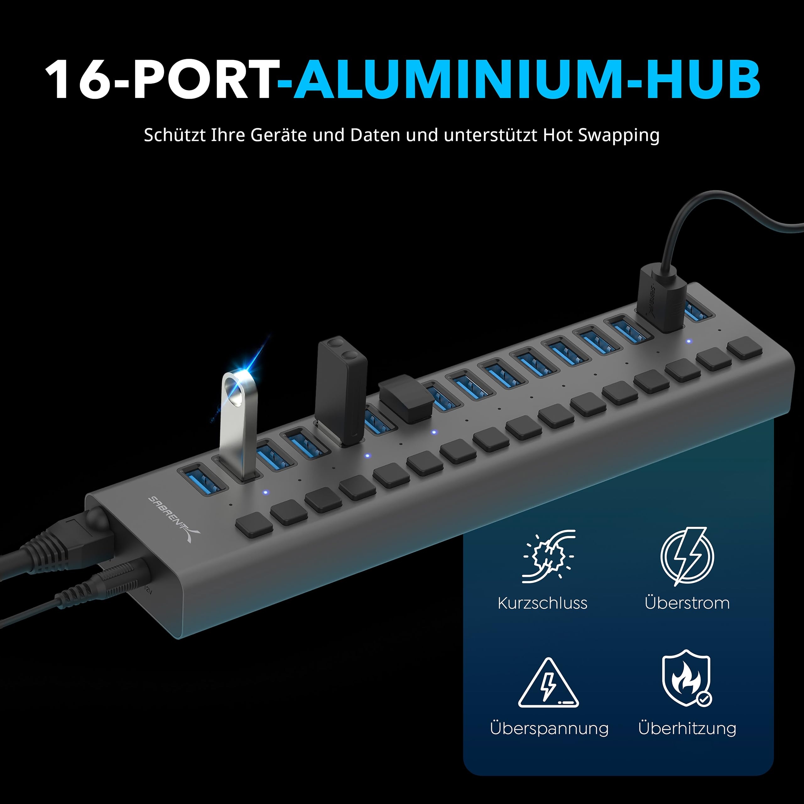SABRENT 2w1 Ładowarka USB i Hub 90W Stacja Ładowania USB Hub z Włącznikiem — miniatura 2