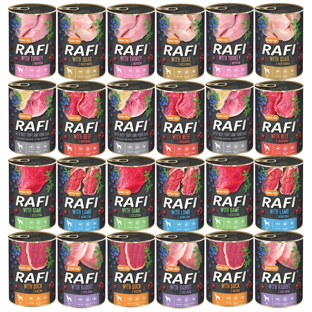 Levně Rafi Vlhké Krmivo , Směs 8 Příchutí, 24 X 400 G Bez Obilovin, Dolina Noteci