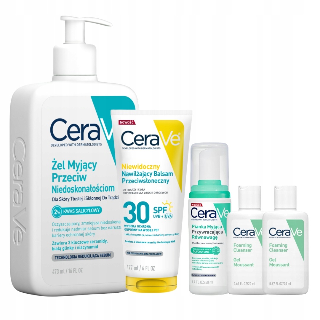 CeraVe Żel myjący przeciw niedoskonałościom, balsam przeciwsłoneczny Spf 30