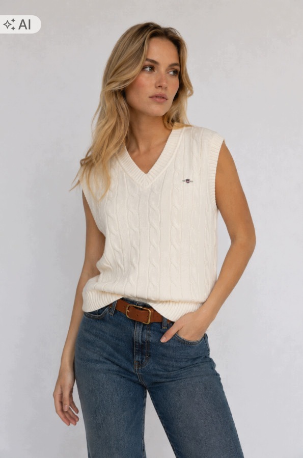Gant Krémová Vesta V-neck Logo Pletenina B23__M