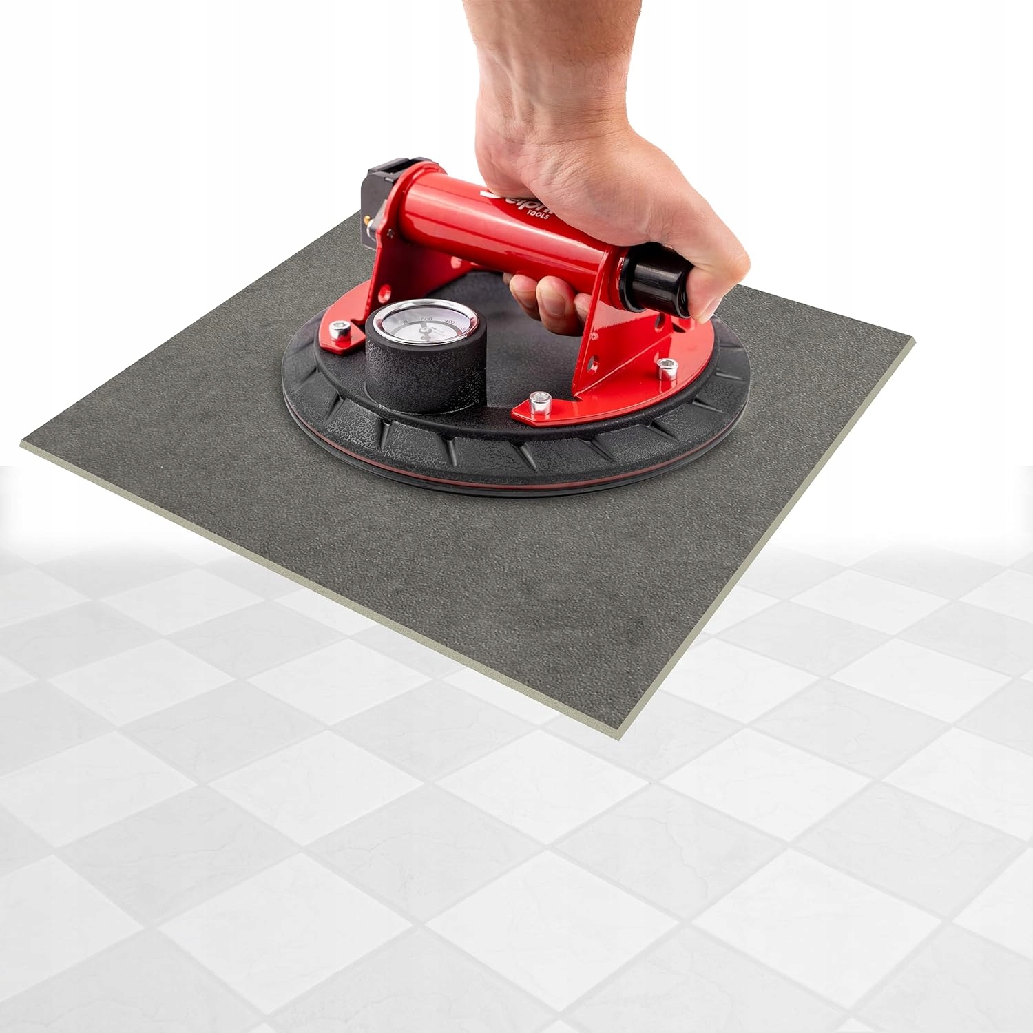 Rankinis vakuuminis siurbtukas plytelėms ir stiklui, PRO, iki 200 kg, Ø 200 mm, su manometru – nuotrauka 9