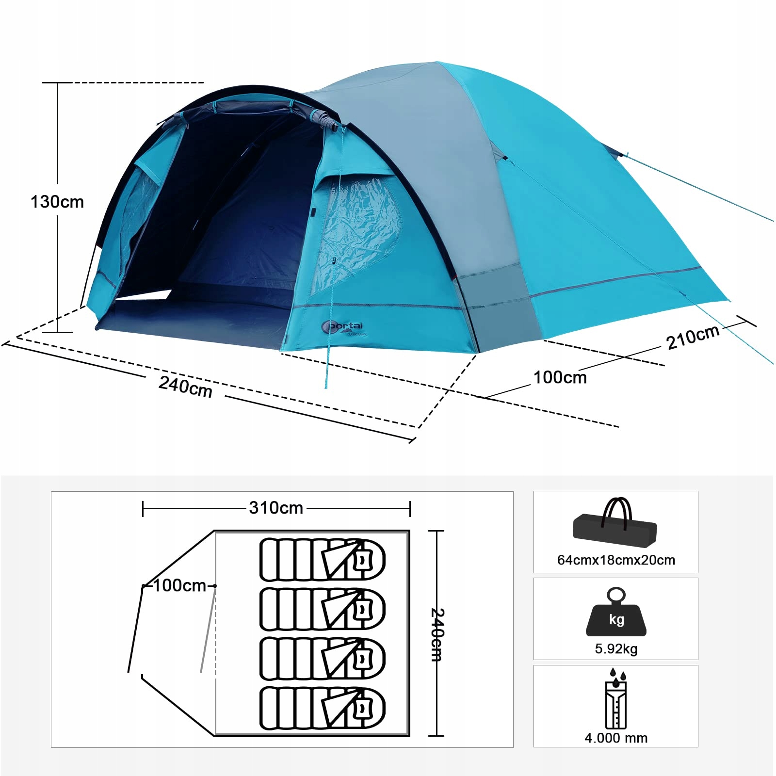 PORTAL Namiot Blackout 3-4 Osobowy Wodoodporny 4000mm Campingowy Outdoor — miniatura 6