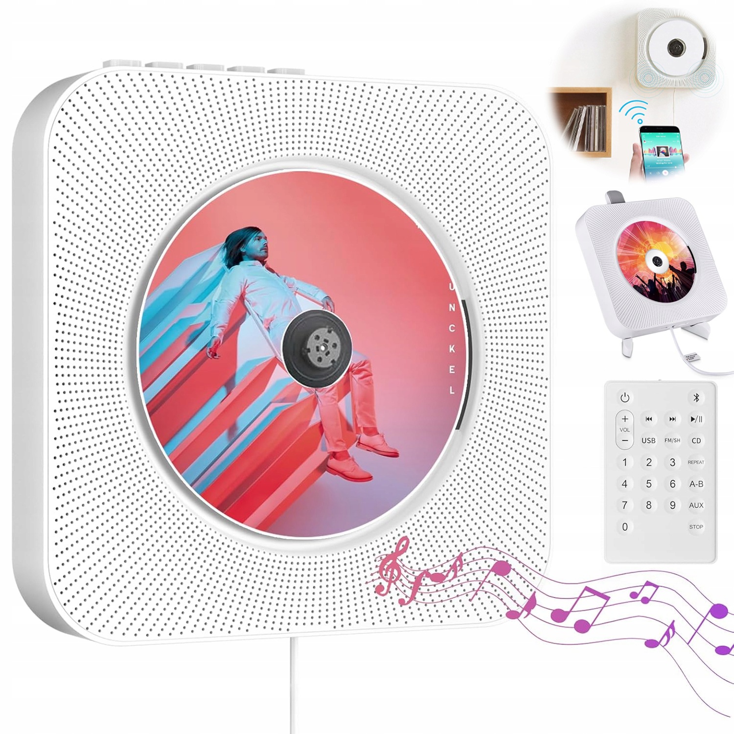 Přenosný CD Přehrávač, Nástěnný Bluetooth Reproduktor, Fm Rádio S Dálkovým Ovládáním