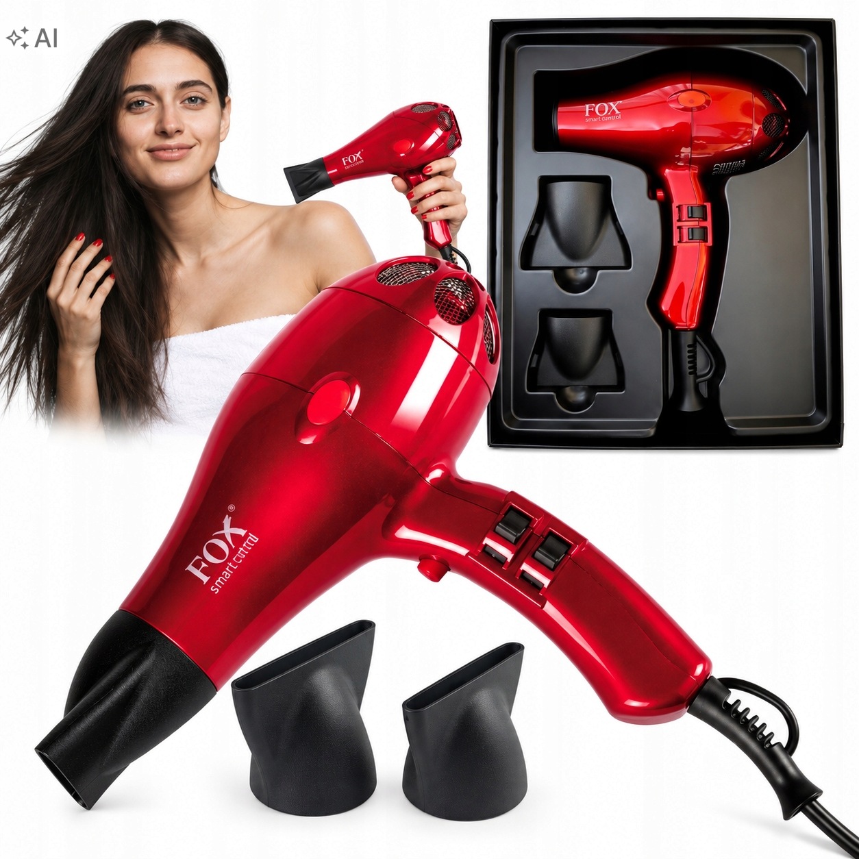 Mocna Suszarka do Włosów Jonizacja Kompaktowa Fox Smart Red 2100W