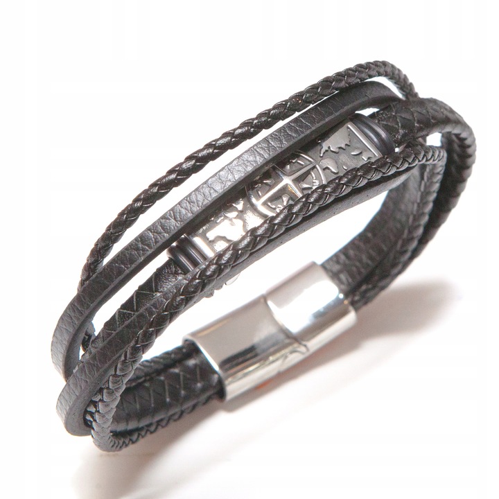 Kožený náramek mapa světa růže větrů pletený