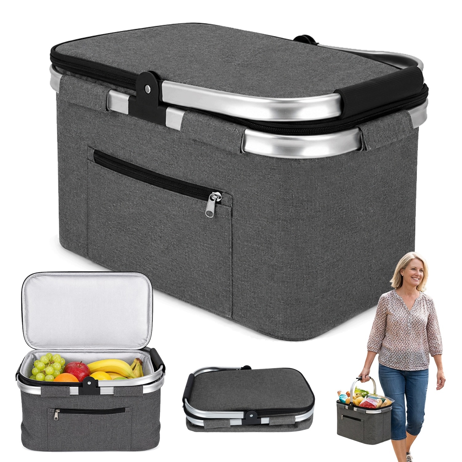 Torba Termiczna Piknikowa Składana Szara 30L Duża Na Zakupy Kosz 15KG