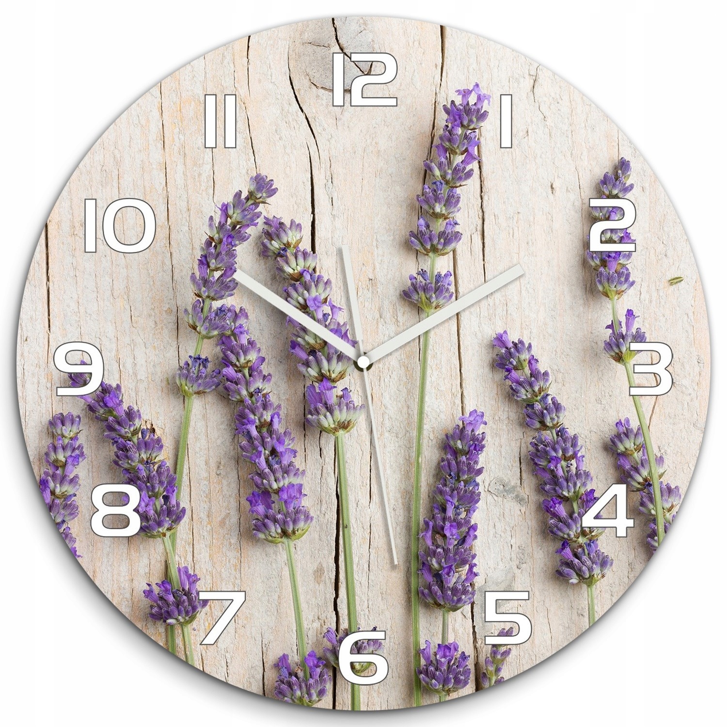 

Wiszący szklany zegar Lawenda na drewnie fi 60 cm