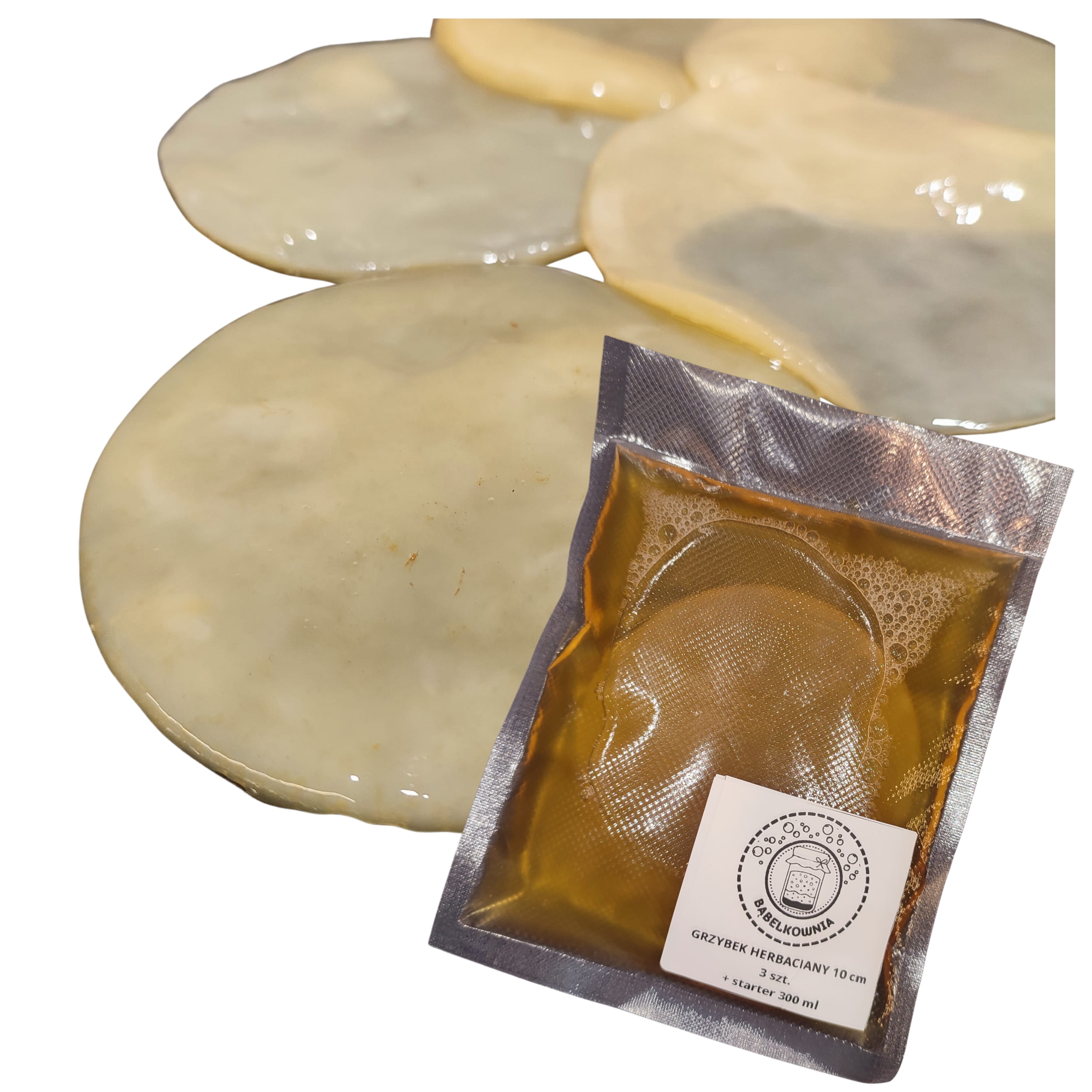 Kombucha Grzybek Herbaciany 3 szt. Kombucza 10 cm Scooby Starter Ulotka