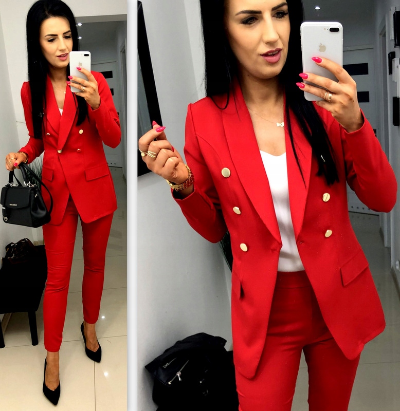 Damski Garnitur Garnitury Damskie Komplet Marynarka Spodnie Czerwony XL Marka Livien